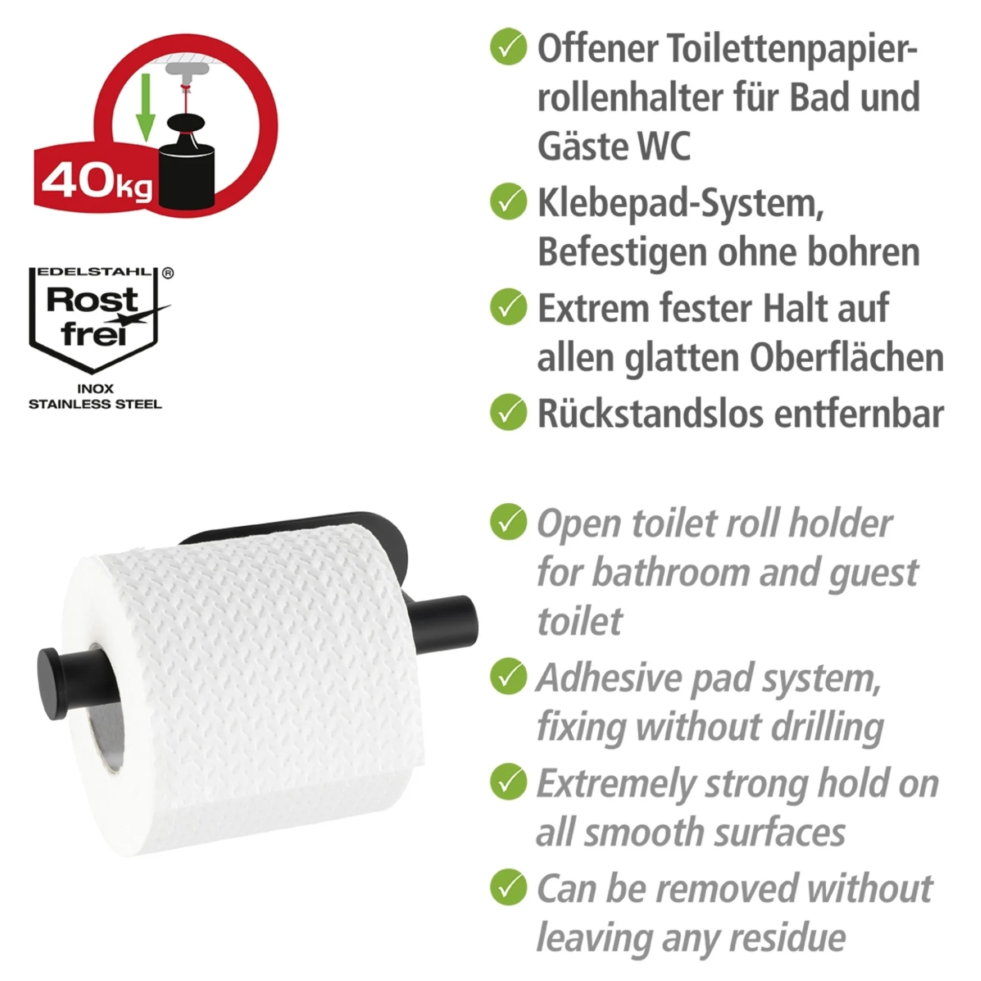 WENKO OREA Toilettenpapierhalter, Schwarz matt, Befestigen ohne Bohren