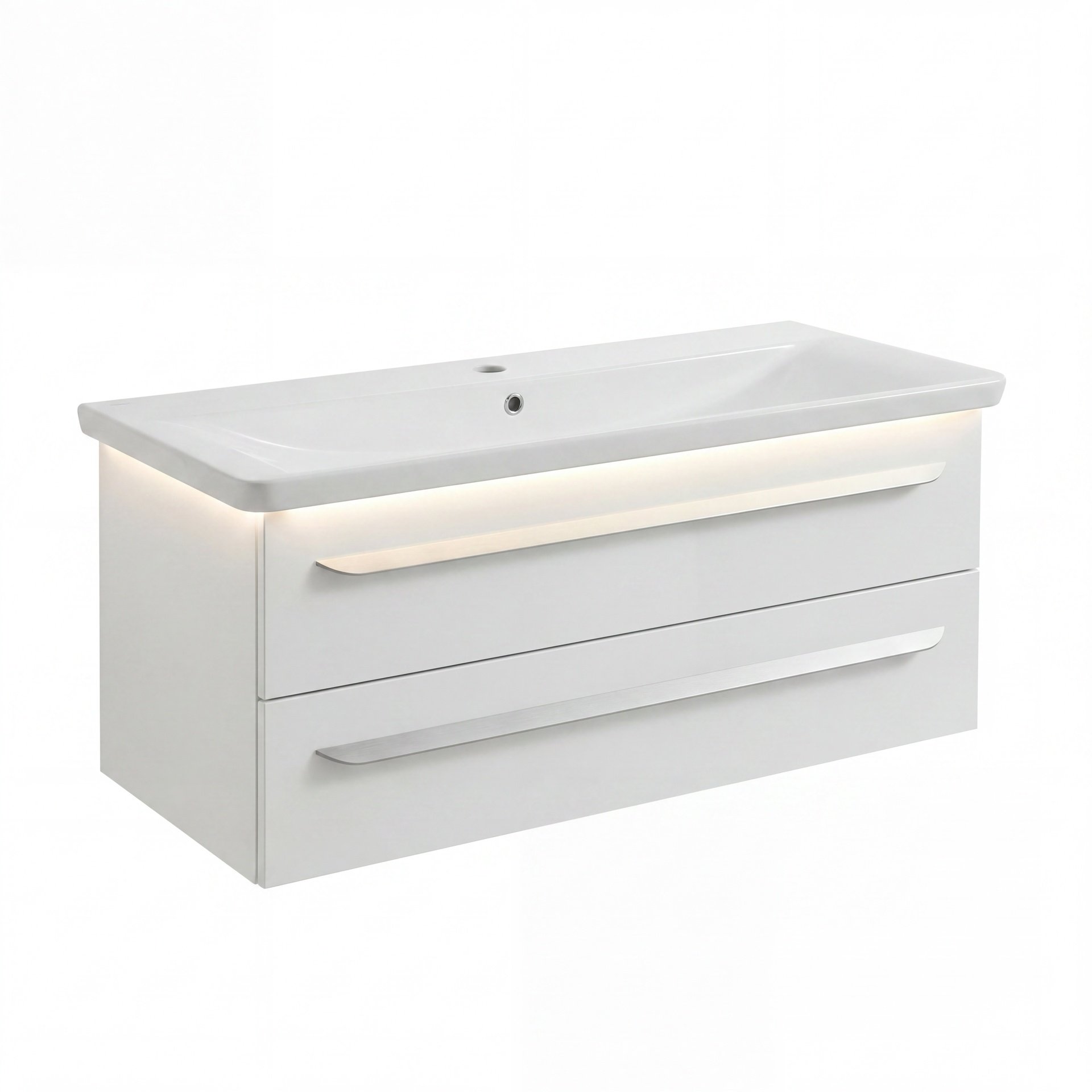 LANZET M9 Waschbecken mit Unterschrank 130 cm breit, Weiß, Waschbecken Gussmarmor Weiß + Waschbeckenbeleuchtung