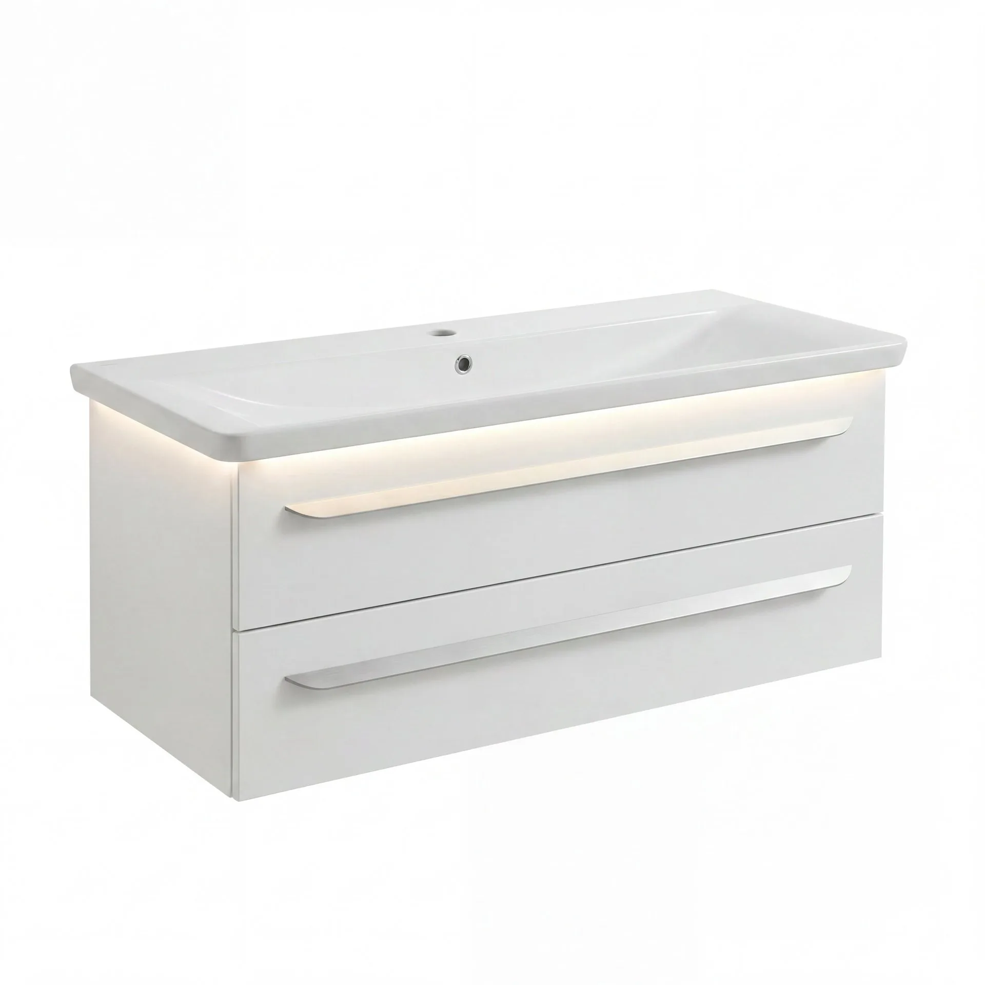 LANZET M9 Waschbecken mit Unterschrank 130 cm breit, Weiß, Waschbecken Gussmarmor Weiß + Waschbeckenbeleuchtung