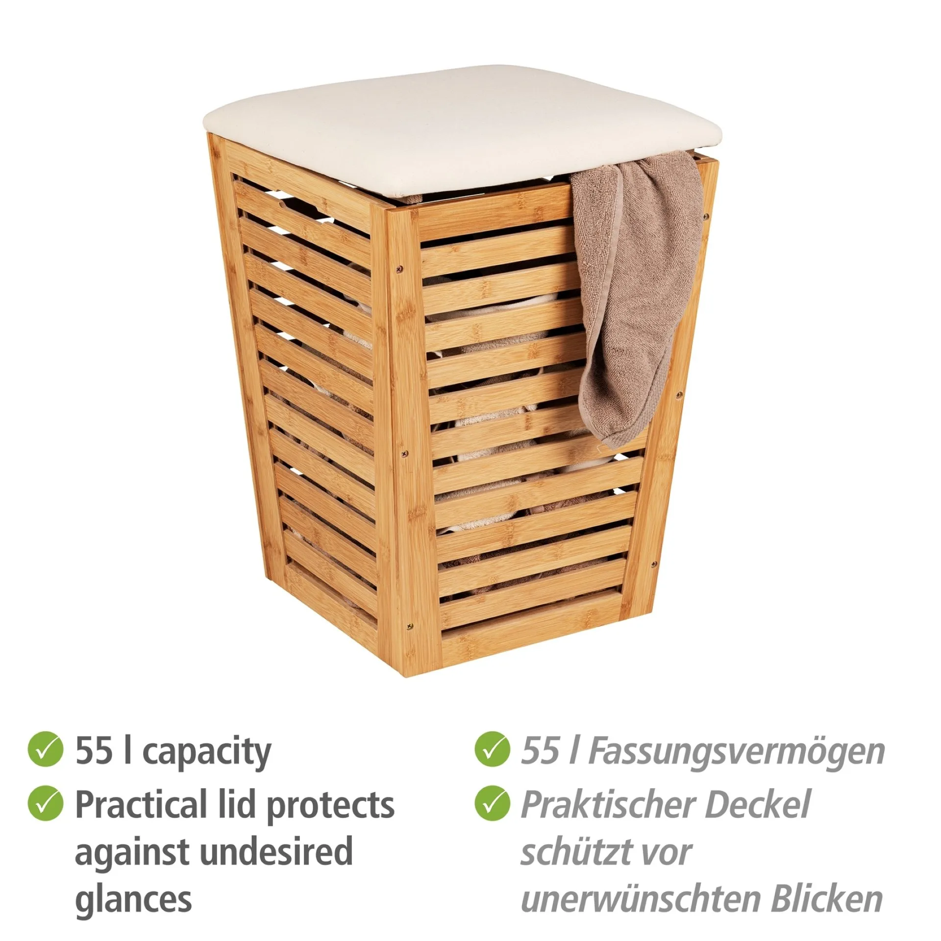WENKO BAMBUSA Wäschekorb, Braun, mit Sitzpolster, aus Bambus
