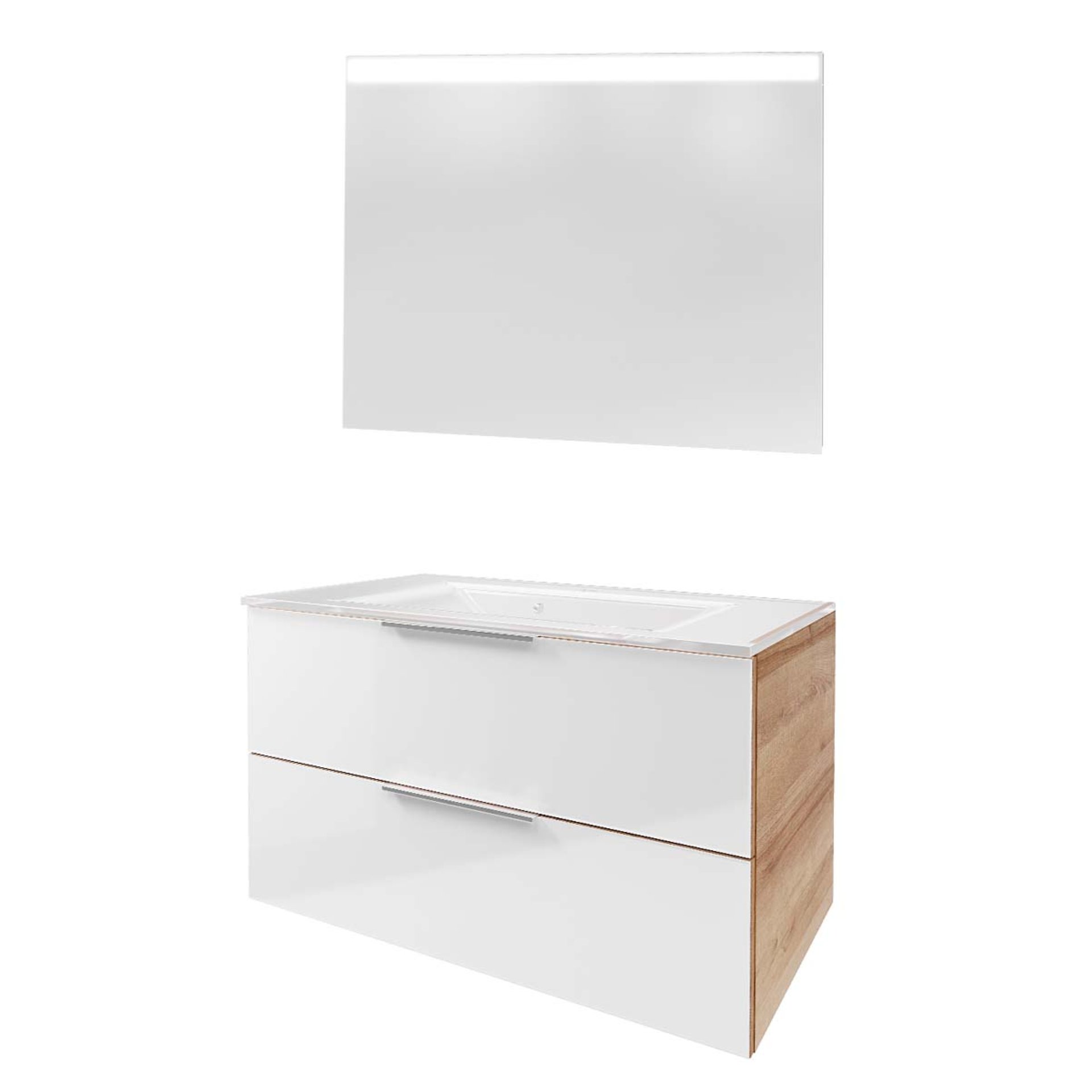 Fackelmann B. BRILLANT Badmöbel Set 3-teilig 100 cm, Weiß Glas/Braun hell, Glas Weiß + LED-Spiegel