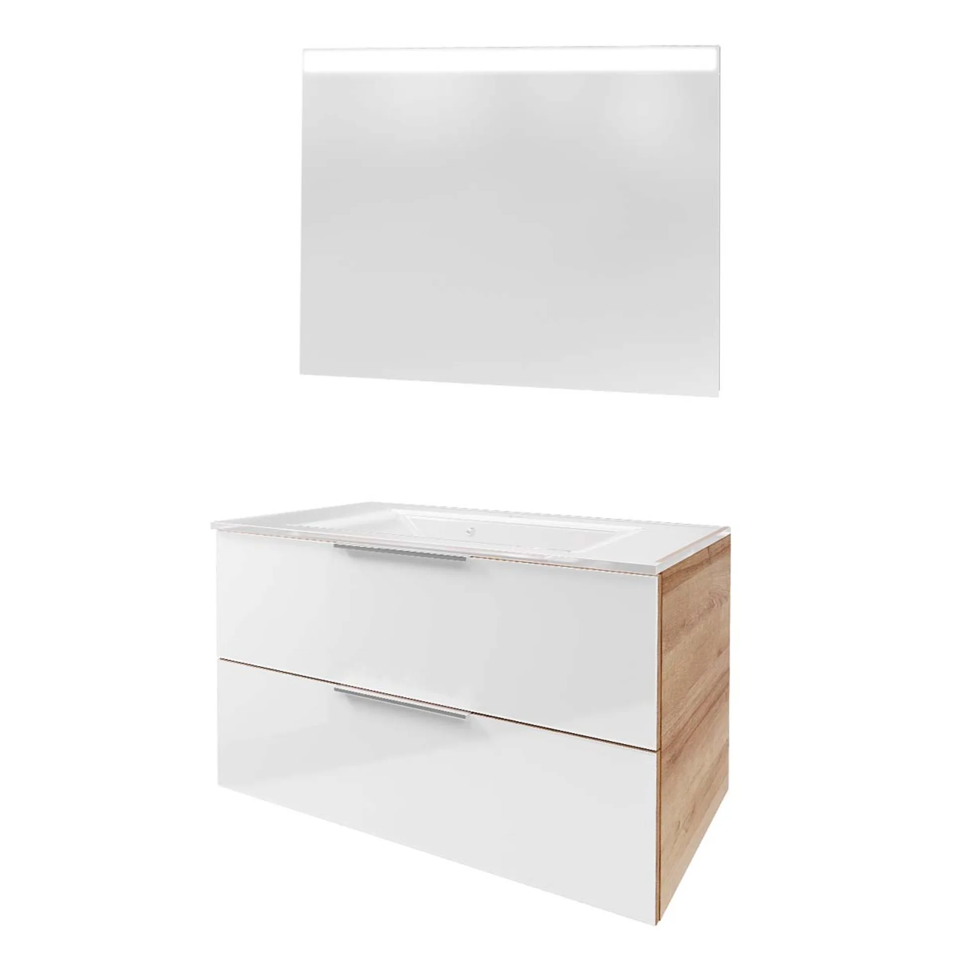 FACKELMANN B.BRILLANT Waschtisch Set mit Spiegel 100 cm breit, Weiß Glas/Braun hell, Waschbecken Glas Weiß