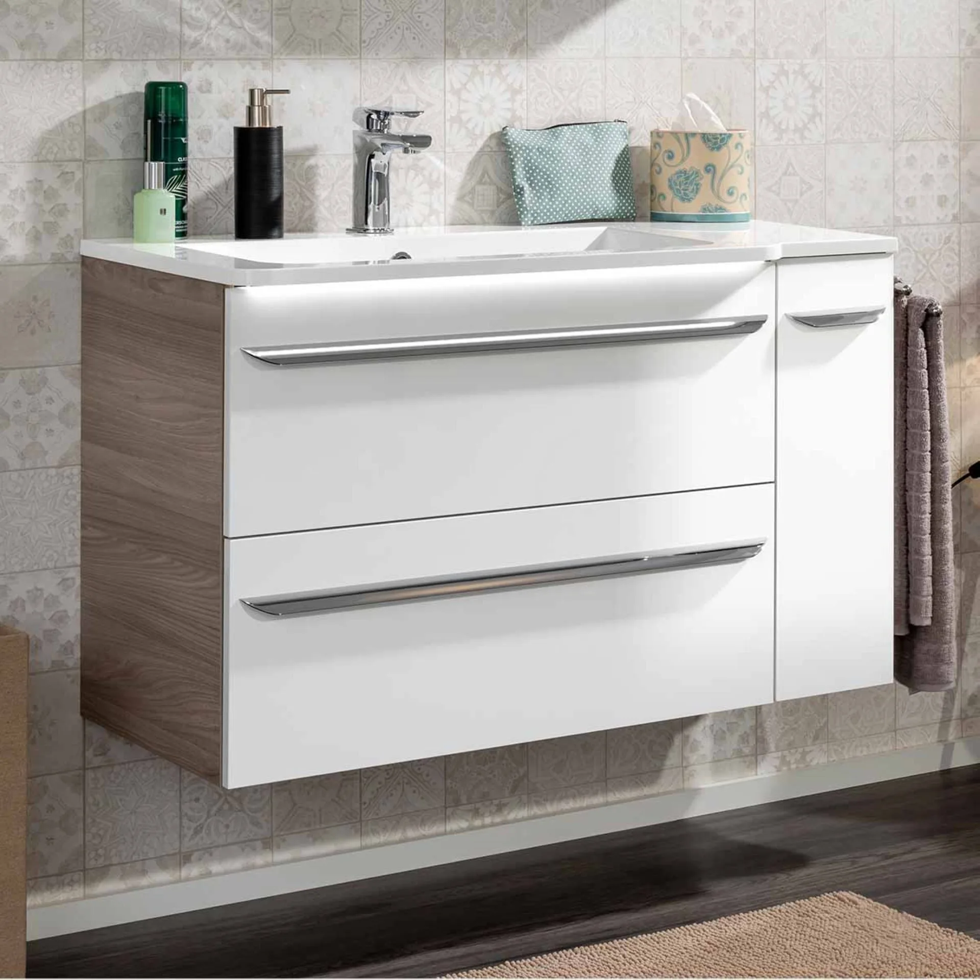 FACKELMANN LUXOR Waschbecken mit Unterschrank 100 cm breit, Weiß/Braun hell, Waschbecken Gussmarmor Weiß + Unterschrank Türanschlag links