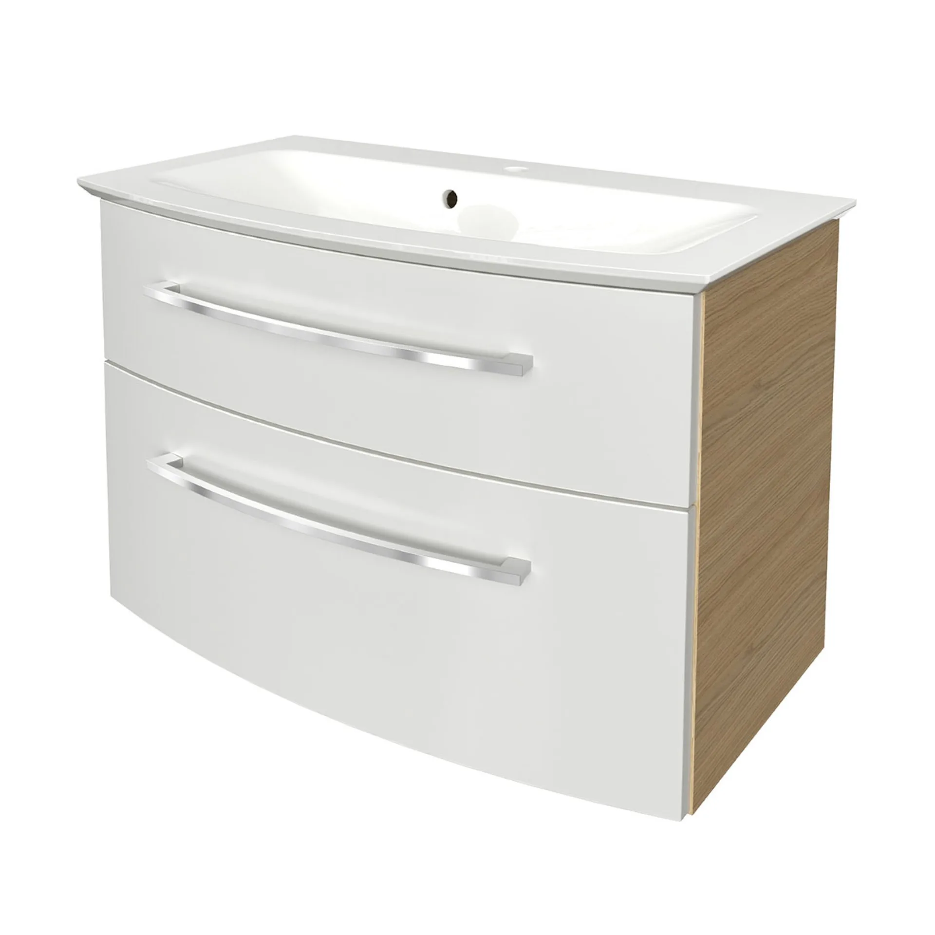 FACKELMANN B.STYLE Waschbecken mit Unterschrank 83 cm breit, Weiß/Braun, Waschbecken Gussmarmor Weiß