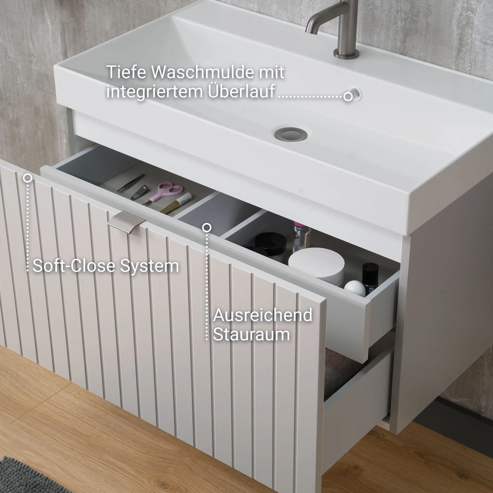 BADEDU ESLA Waschbecken mit Unterschrank 79 cm breit, Grau, Waschbecken Gussmarmor Weiß