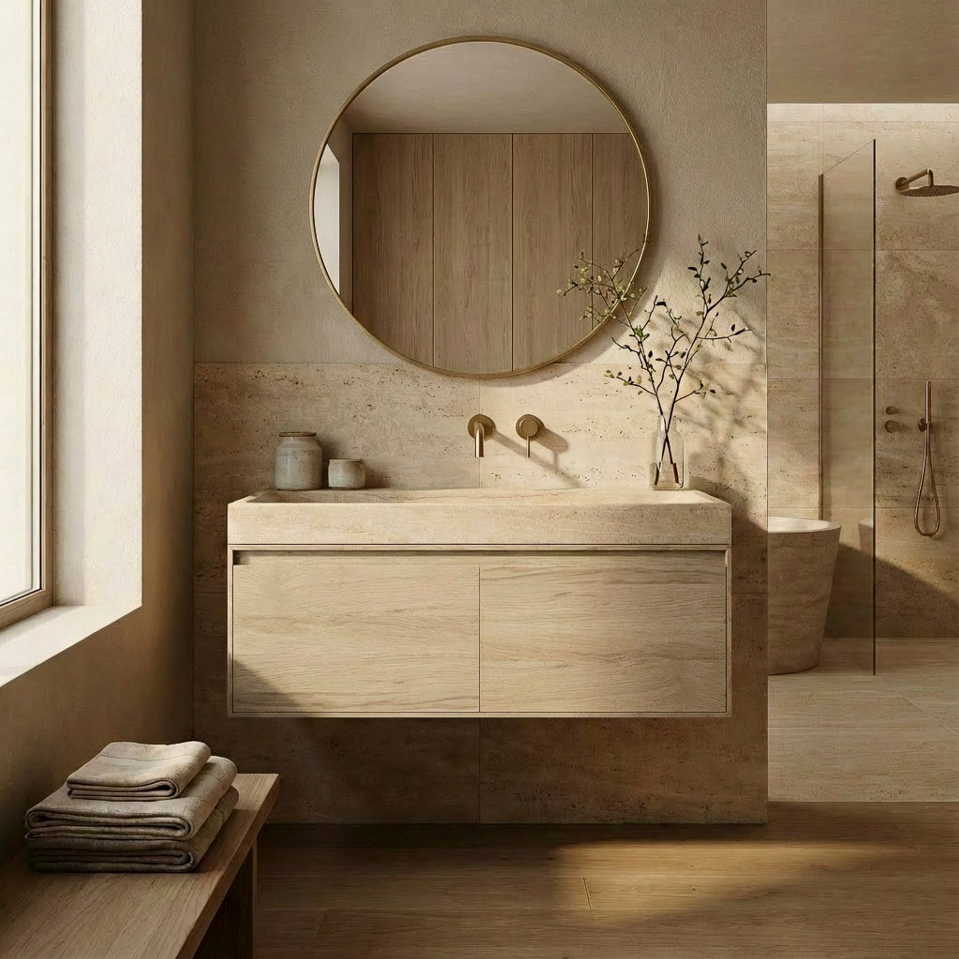 FORZALAQUA IBIZA BELLEZZA Waschbecken mit Unterschrank 120 cm breit, Braun hell, Natursteinwaschbecken Travertin matt ohne Hahnloch, 2 Schubladen
