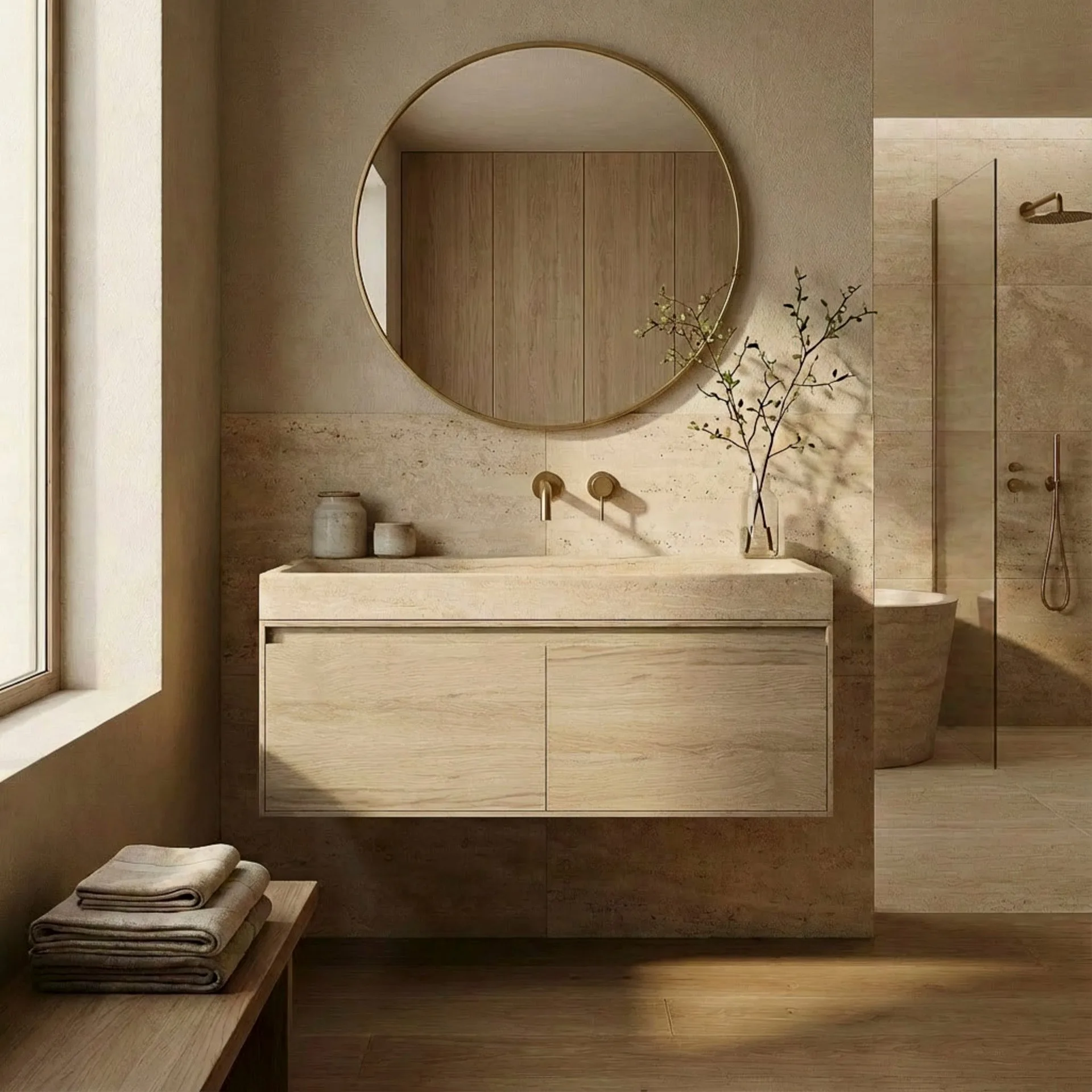 FORZALAQUA IBIZA BELLEZZA Waschbecken mit Unterschrank 120 cm breit, Braun hell, Natursteinwaschbecken Travertin matt ohne Hahnloch, 2 Schubladen
