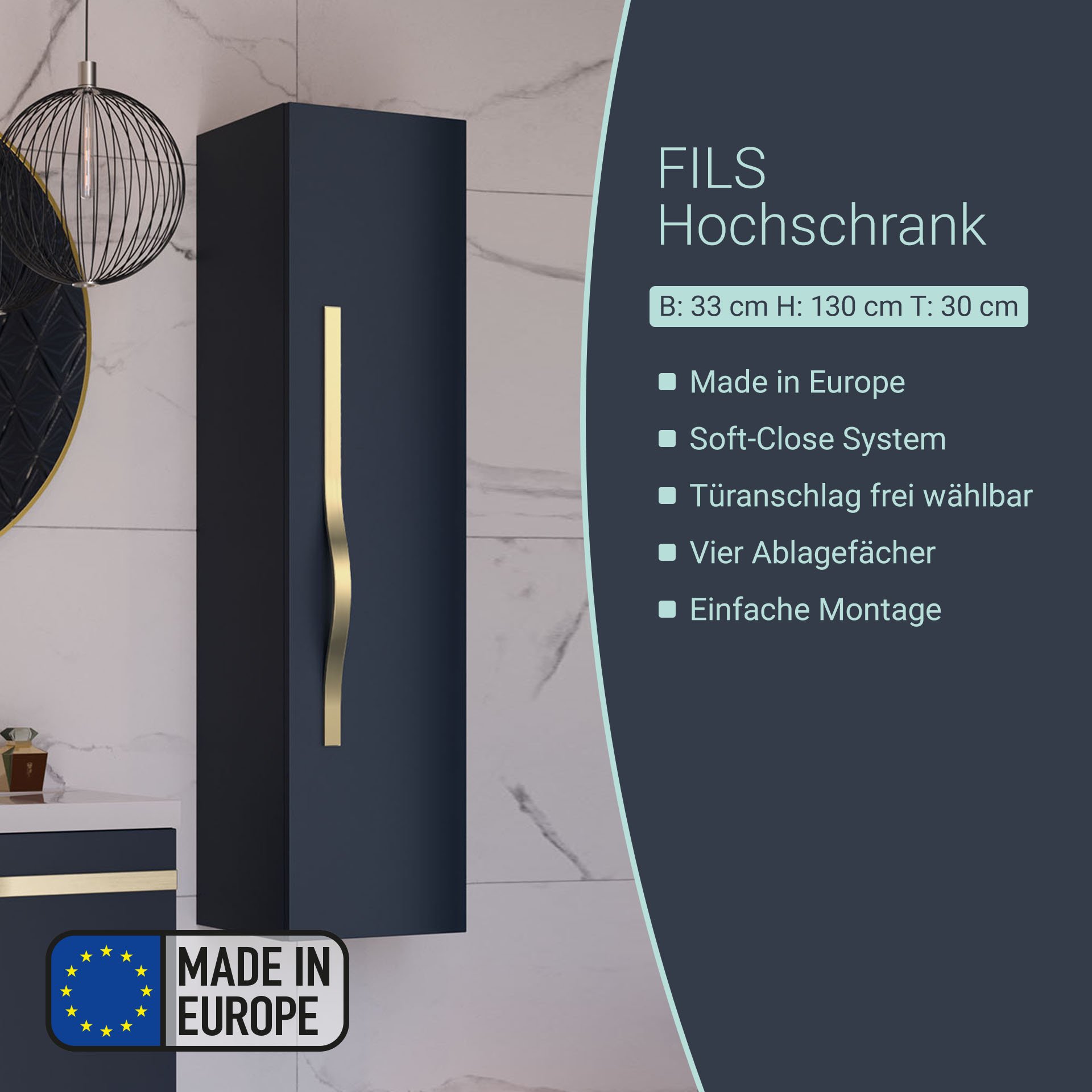 BADEDU FILS Hochschrank 33 cm breit, Blau, Griff Gold