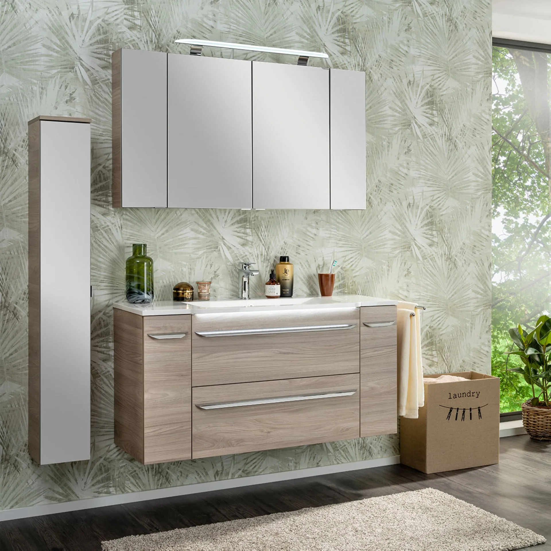 FACKELMANN LUXOR Hängeschrank 20 cm breit, Braun hell, Türanschlag rechts + Spiegel