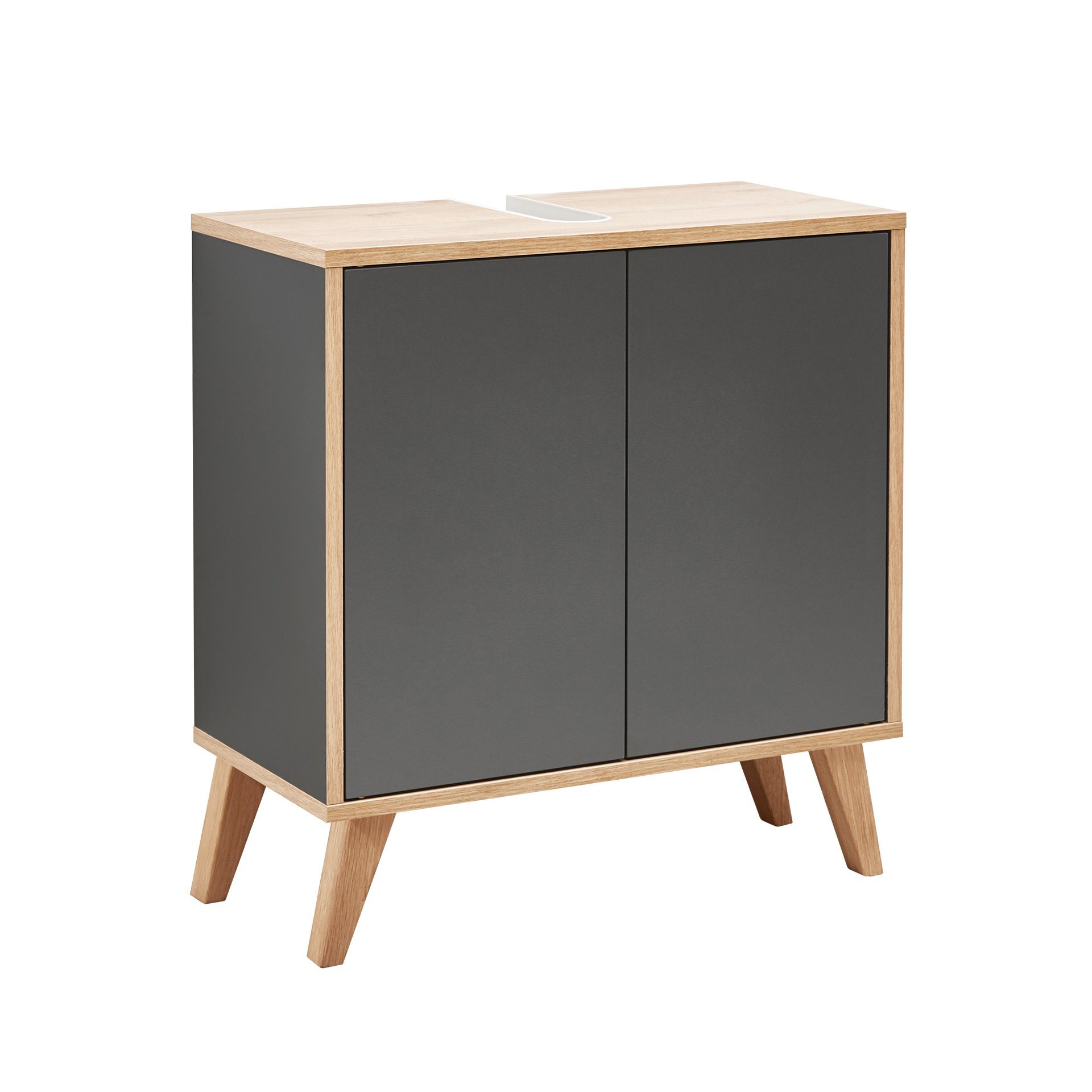 FACKELMANN FINN Waschbeckenunterschrank 60 cm breit, Anthrazit/Braun hell + Holzfüße