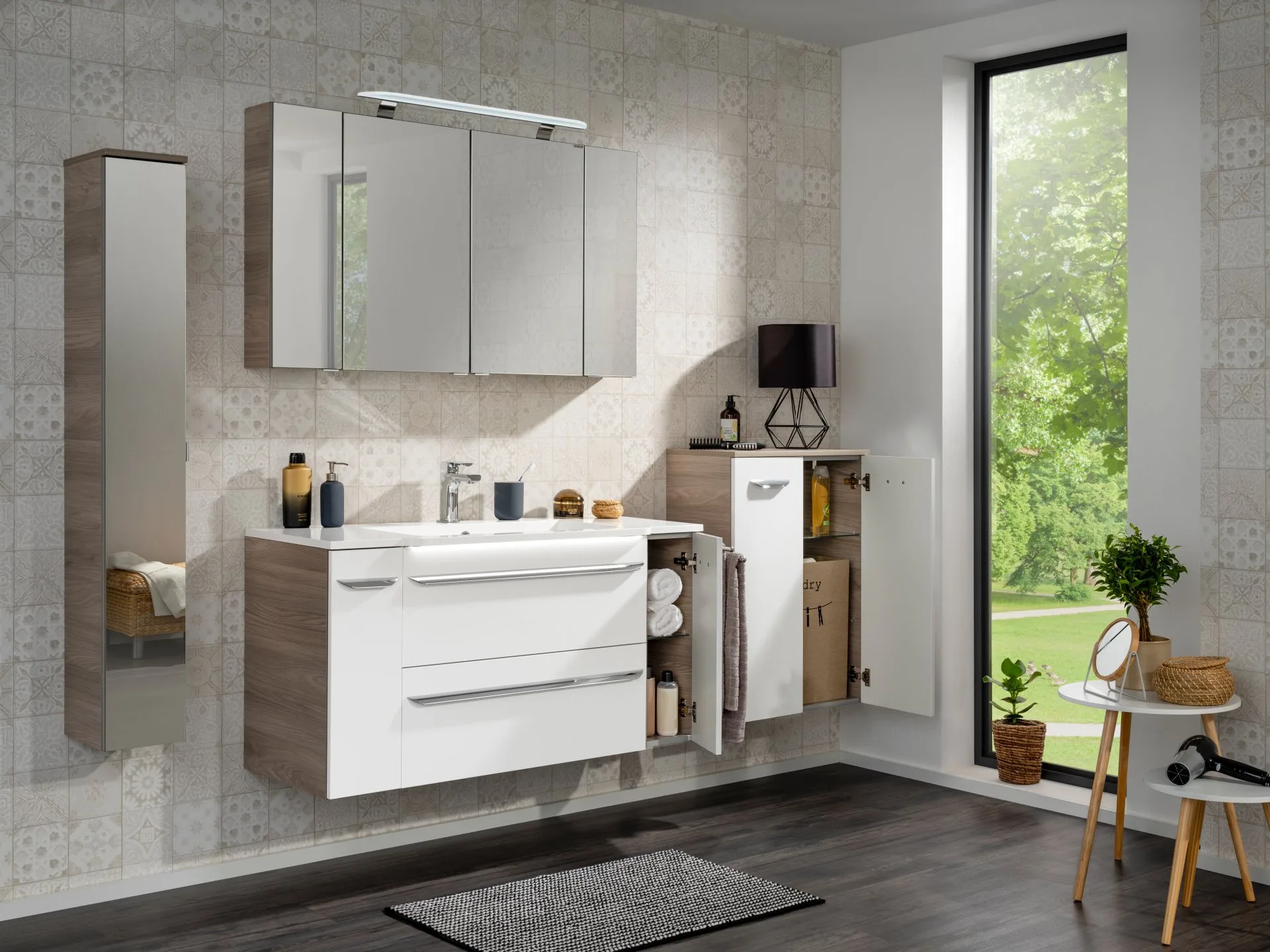 FACKELMANN LUXOR Waschbeckenunterschrank 80 cm breit, Weiß/Braun hell