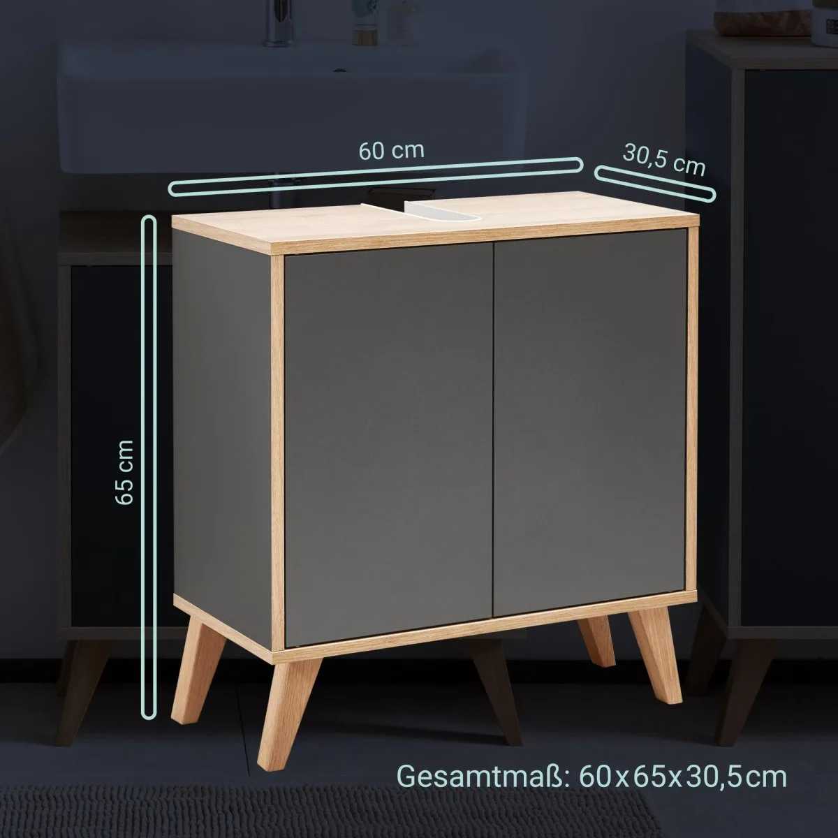 FACKELMANN FINN Waschbecken mit Unterschrank 60 cm breit, Anthrazit/Braun hell, Waschbecken Keramik Weiß + Holzfüße
