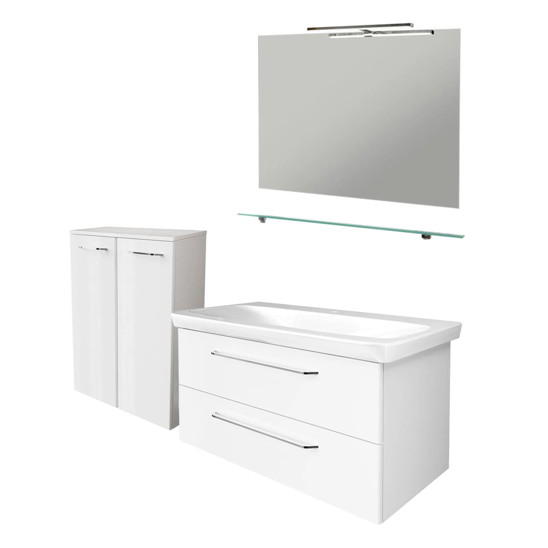 FACKELMANN MILANO Badmöbel Set 6-teilig 107 cm breit, Weiß, Waschbecken Keramik Weiß + Spiegel + Doppel Midischrank + Glasablage + LED Aufsatzleuchte