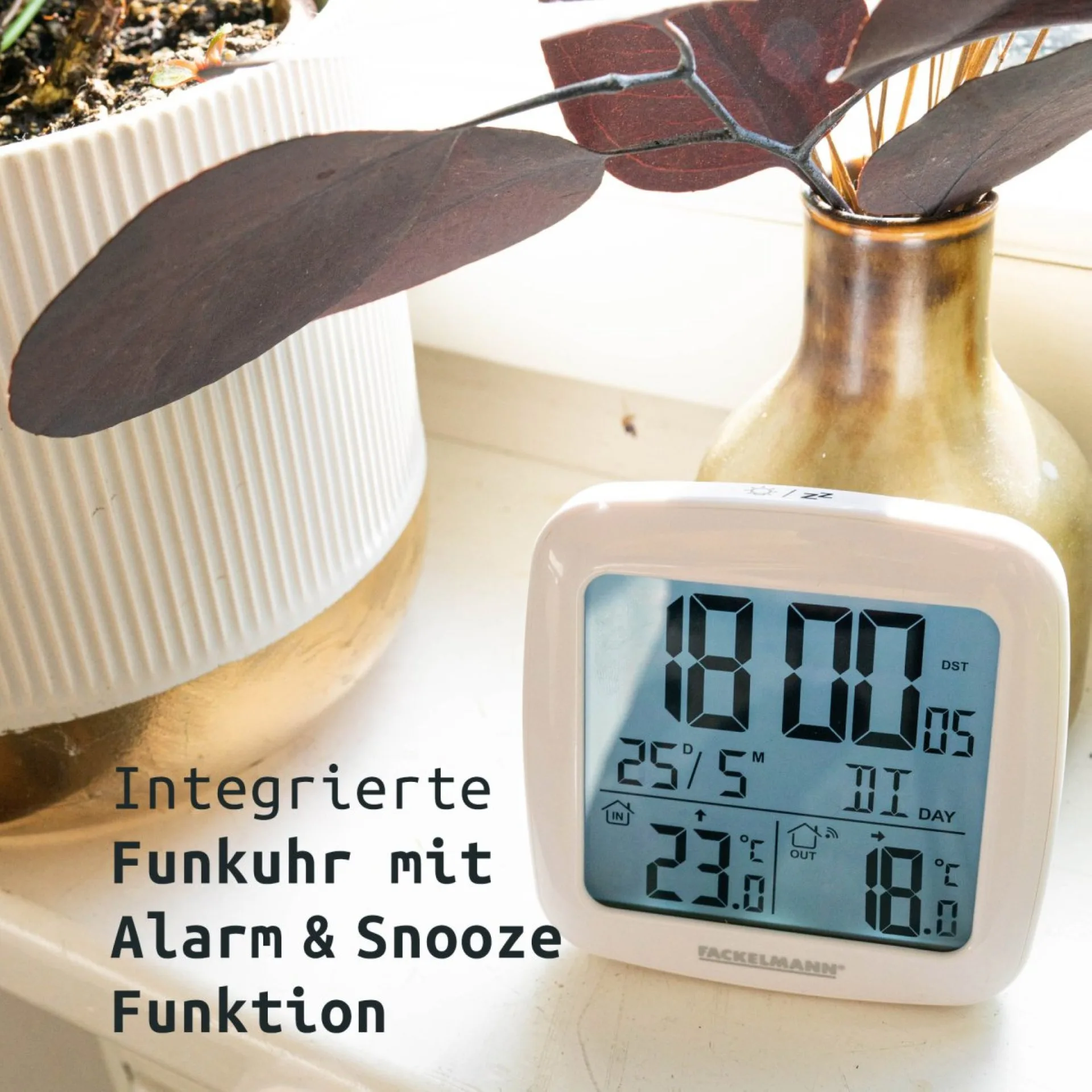 FACKELMANN Digital Thermometer 9 cm breit, Weiß + Funkuhr Box