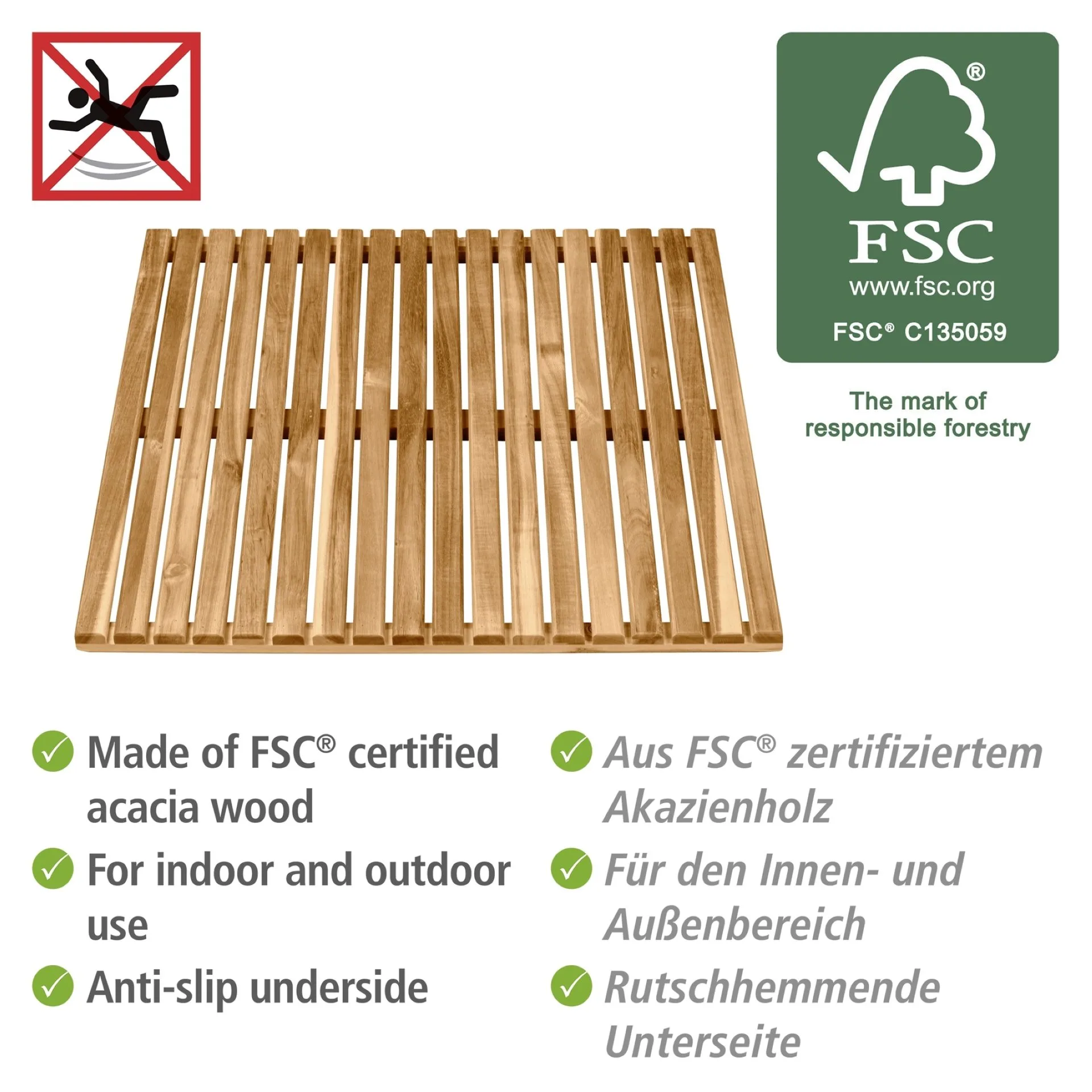 WENKO ACACIA Badematte 55 x 55 cm, Braun, aus Akazienholz