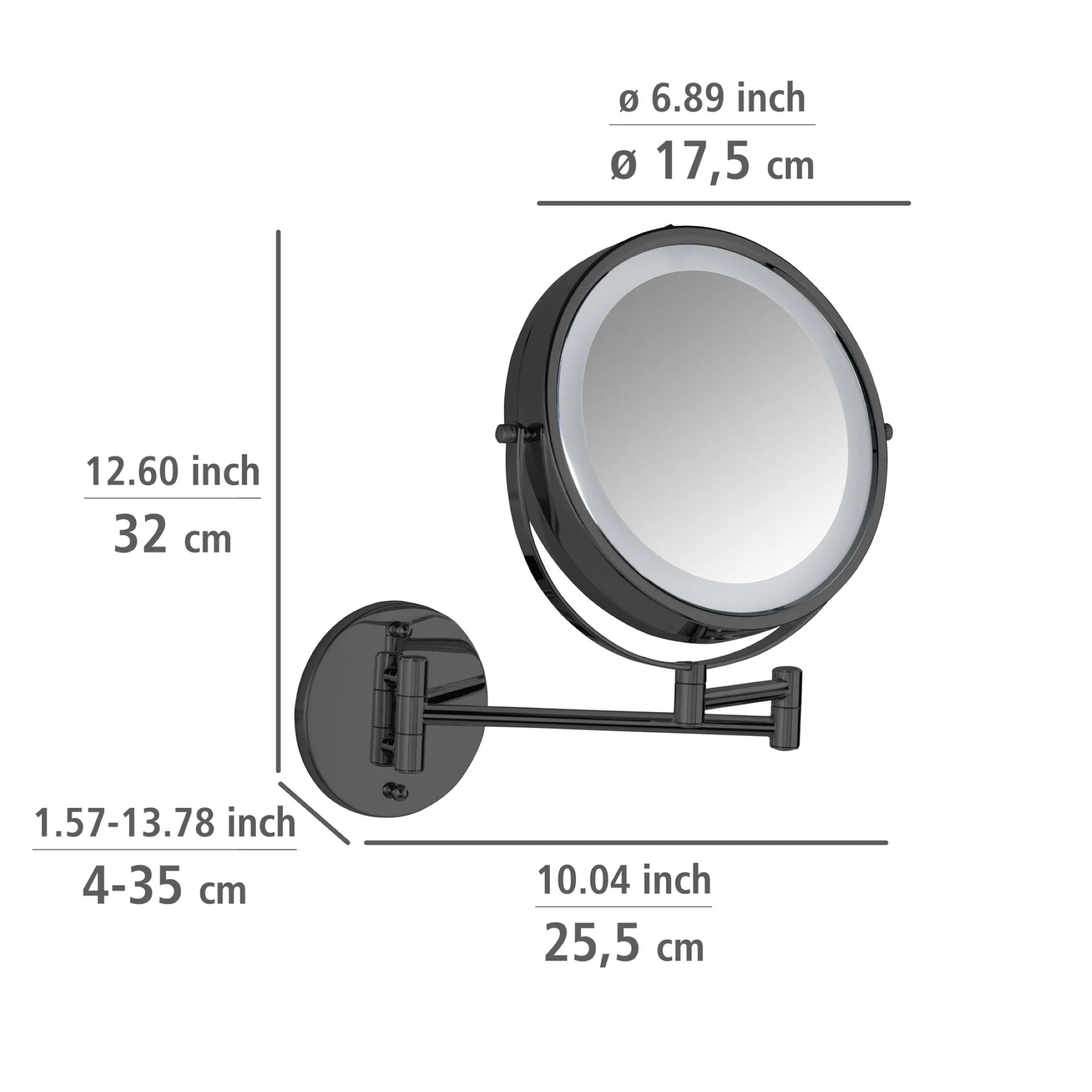 WENKO LUMI Kosmetikspiegel Ø 17,5 cm, Schwarz, 5-fach Vergrößerung, zur Wandmontage