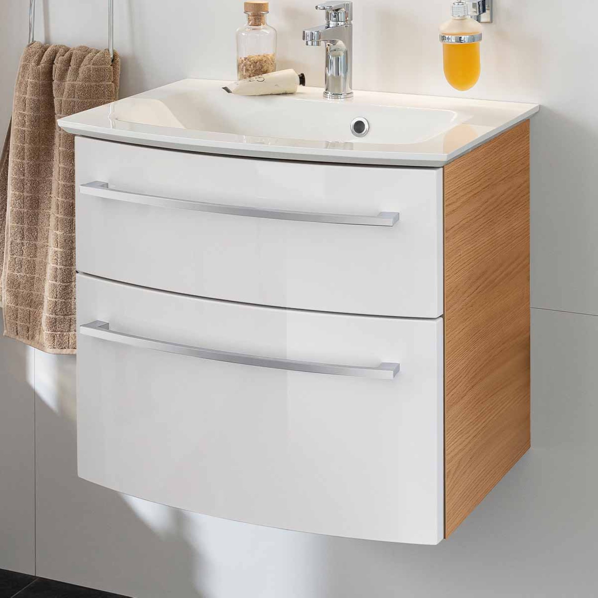 Fackelmann B.STYLE Badmöbel Set 2-teilig, 63,2 cm breit, Braun/Weiß, Gussmarmor Weiß