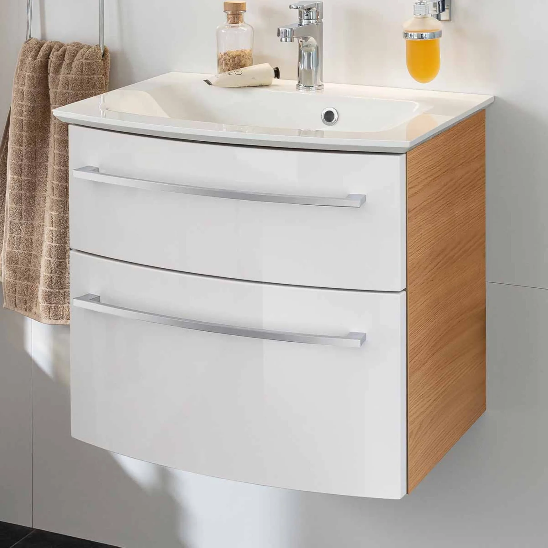 FACKELMANN B.STYLE Waschbecken mit Unterschrank 63 cm breit, Weiß/Braun, Waschbecken Gussmarmor Weiß