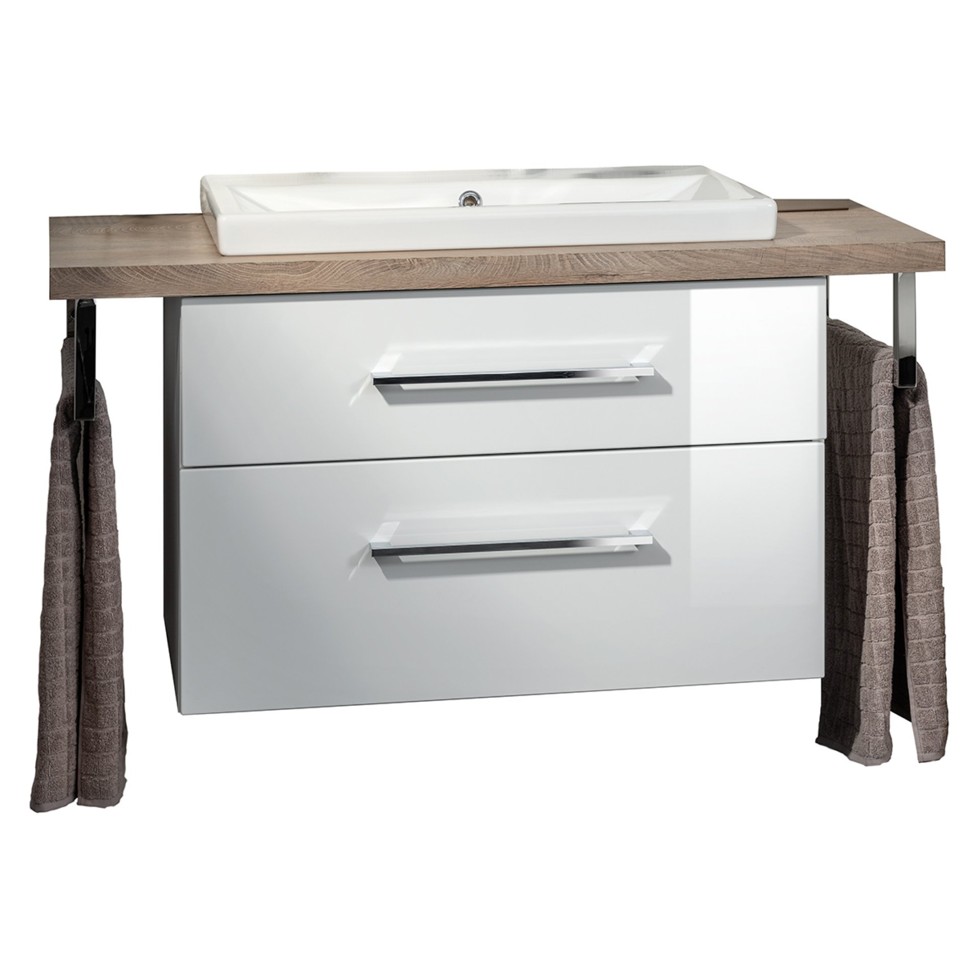 FACKELMANN HYPE 3.0 Waschtisch Set mit Waschtischplatte 110 cm breit, Braun/Weiß, Waschbecken Keramik Weiß + Handtuchhalter