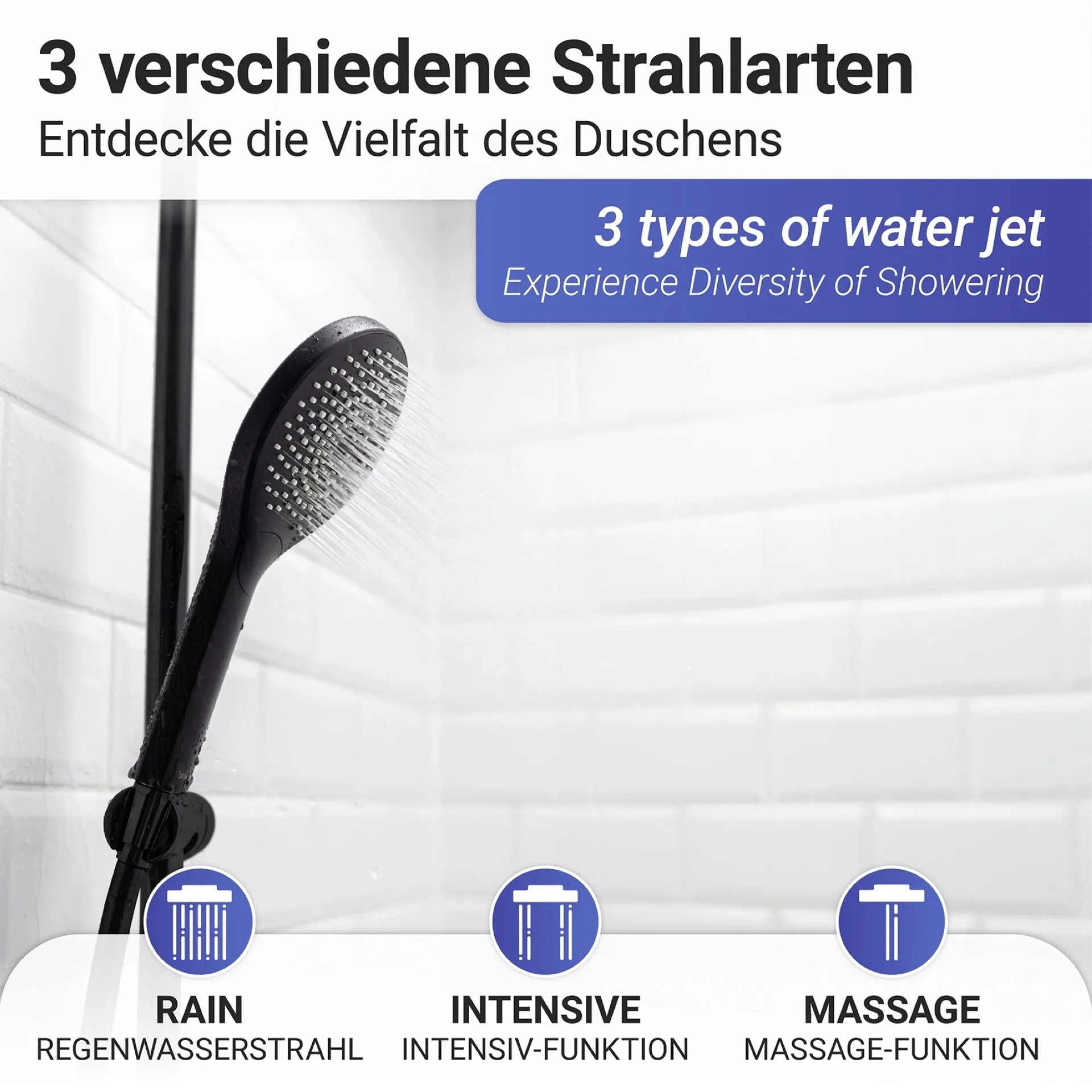 WENKO Duschkopf Ø 11 cm, Schwarz, mit Wassersparsystem, 3 verschiedene Wasserstrahlarten