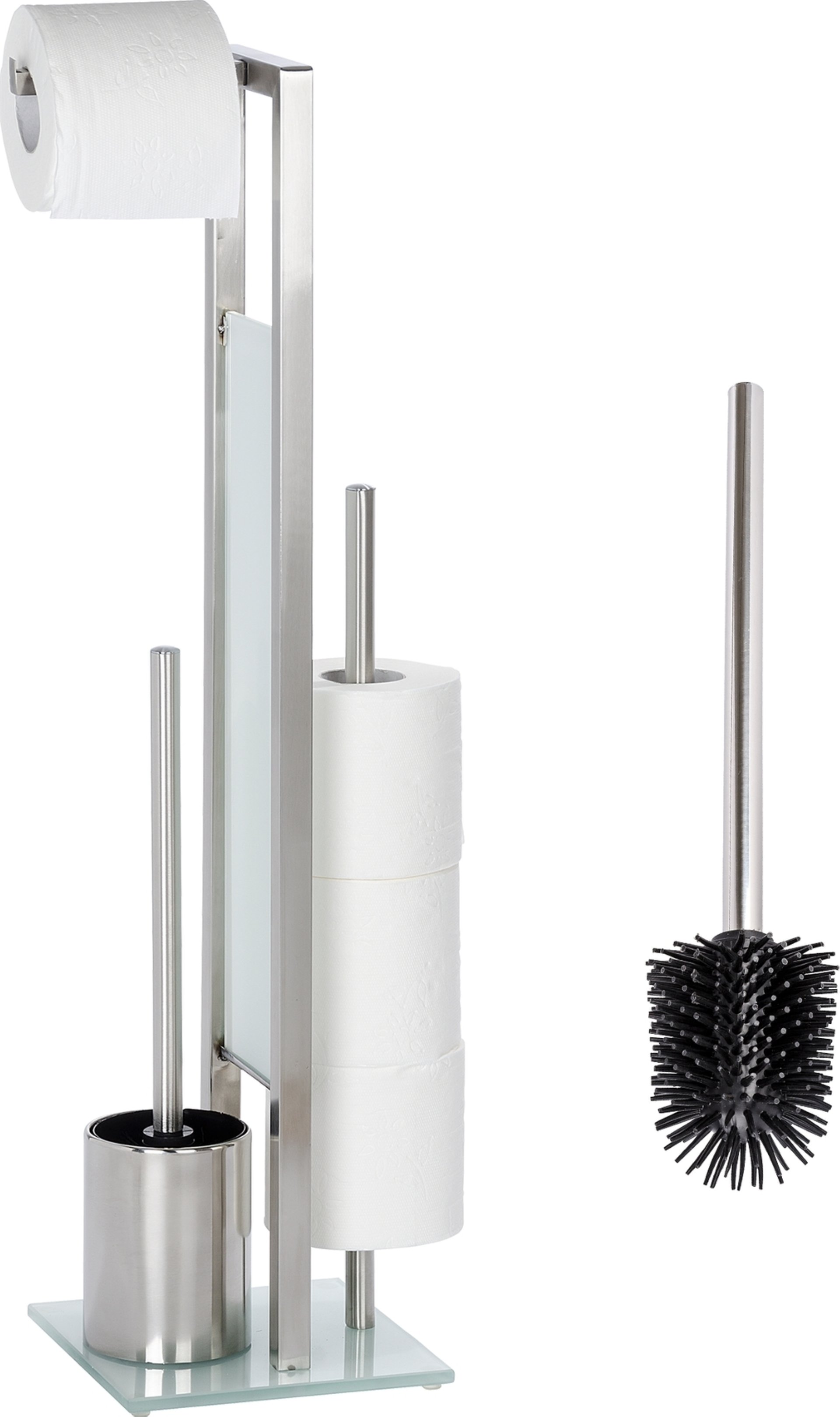 WENKO RIVALTA Toilettenpapierhalter, mit WC-Garnitur, inklusive Ersatzbürste, Edelstahl, stehend