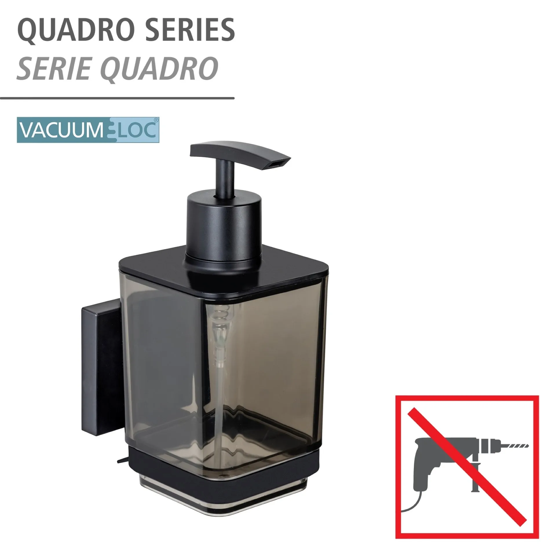 WENKO QUADRO Seifenspender 340 ml, Schwarz, Edelstahl rostfrei, Vacuum-Loc