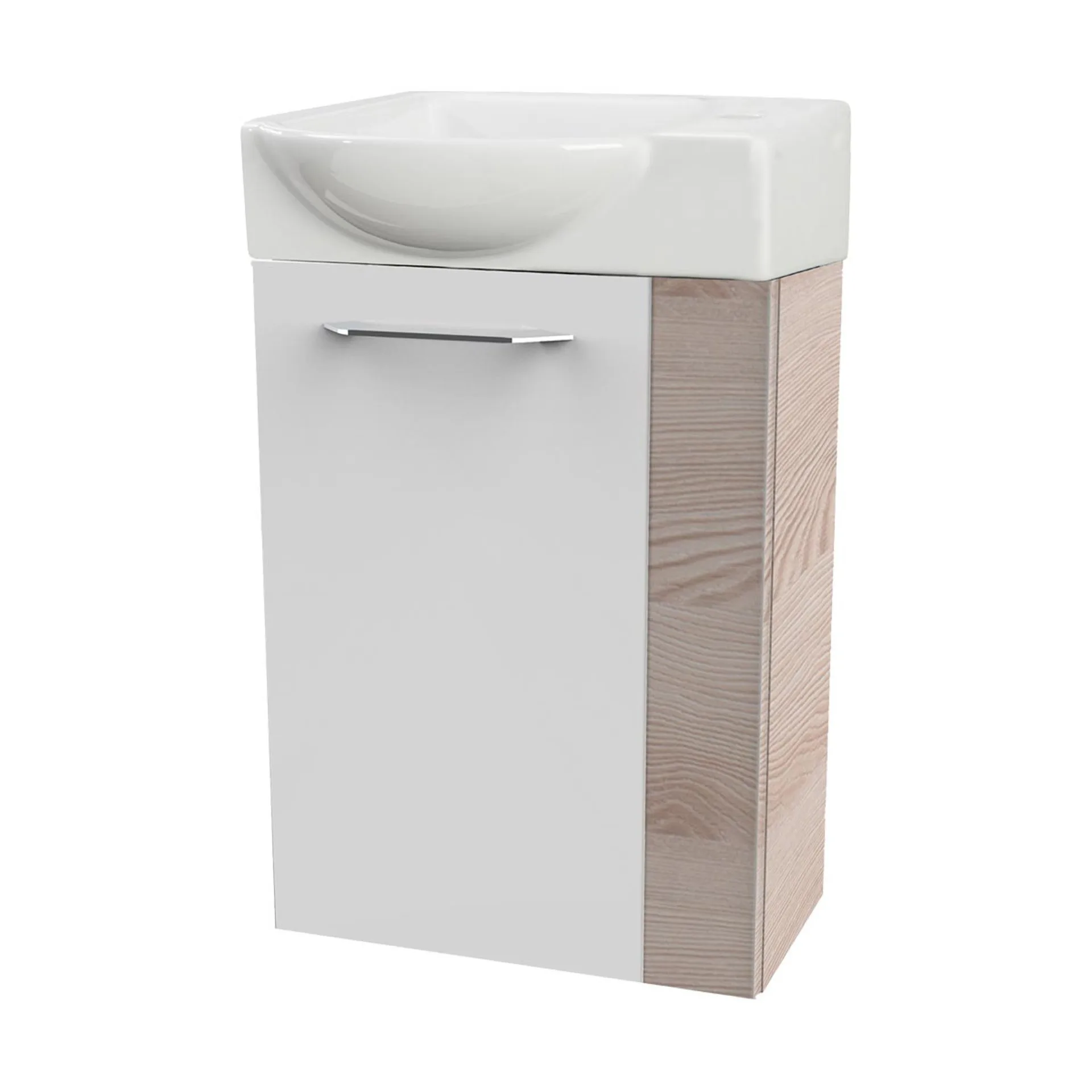 FACKELMANN SBC B.CLEVER Gäste WC Waschtisch Set 45 cm breit, Weiß/Braun hell, Waschbecken Keramik Weiß, Türanschlag links