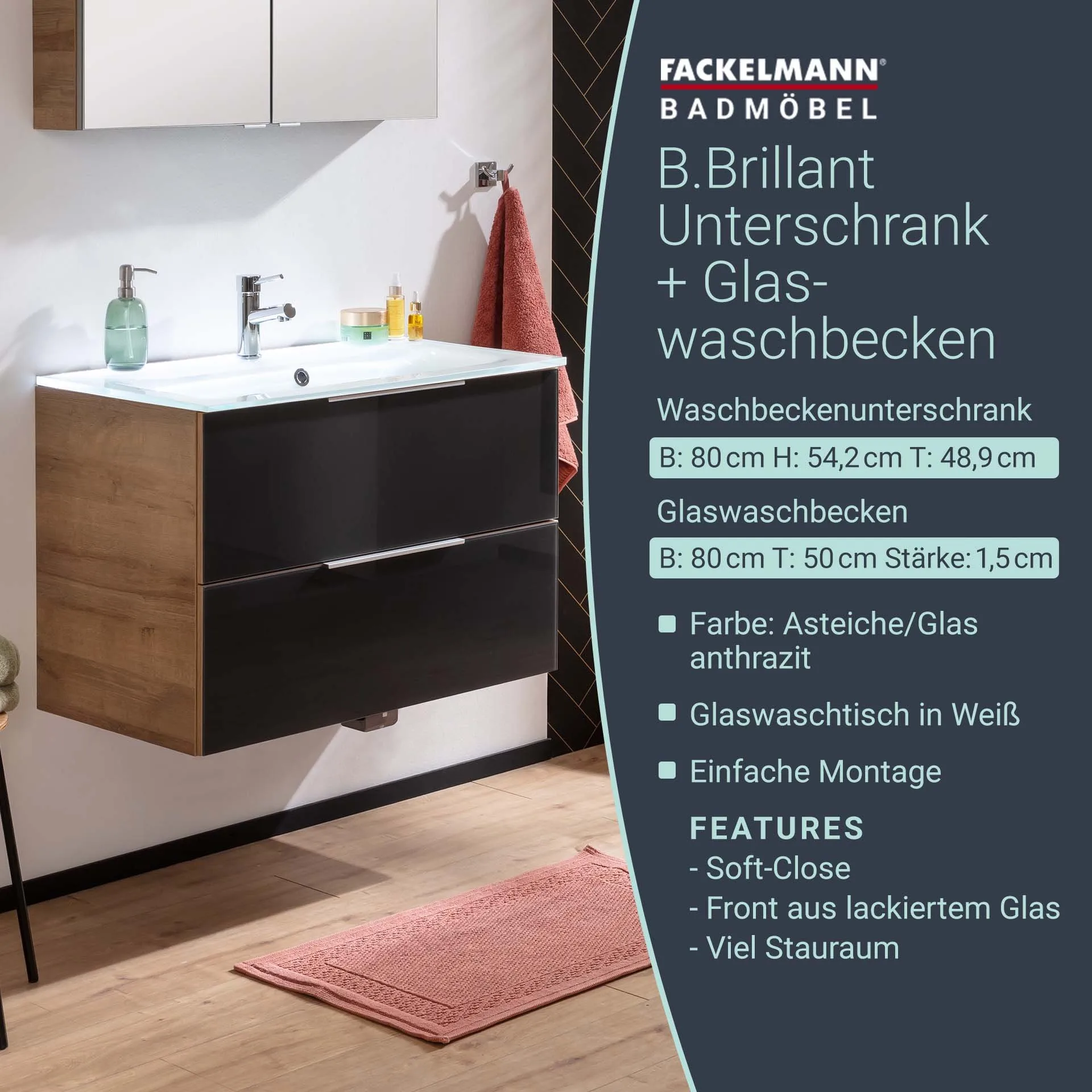 FACKELMANN B.BRILLANT Waschbecken mit Unterschrank 80 cm breit, Anthrazit Glas/Braun hell, Waschbecken Glas Weiß