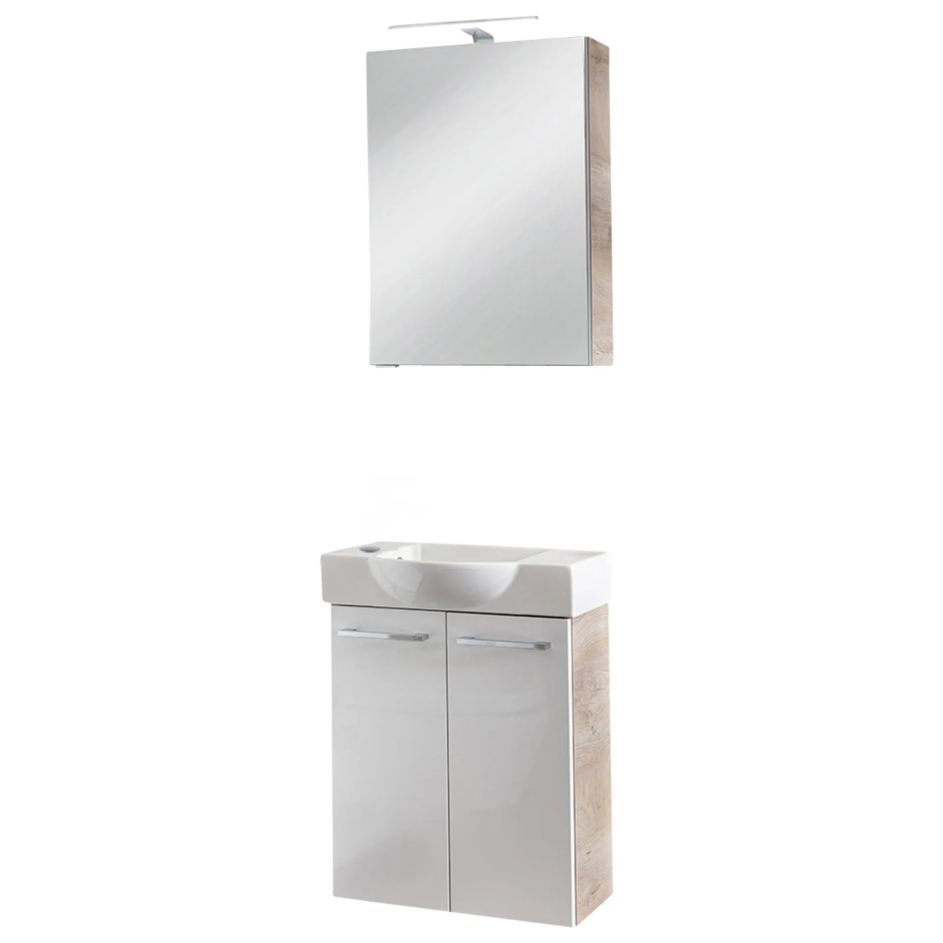 FACKELMANN SBC STANFORD Gäste WC Waschtisch Set mit Spiegelschrank 55 cm breit, Weiß/Braun hell, Türanschlag links