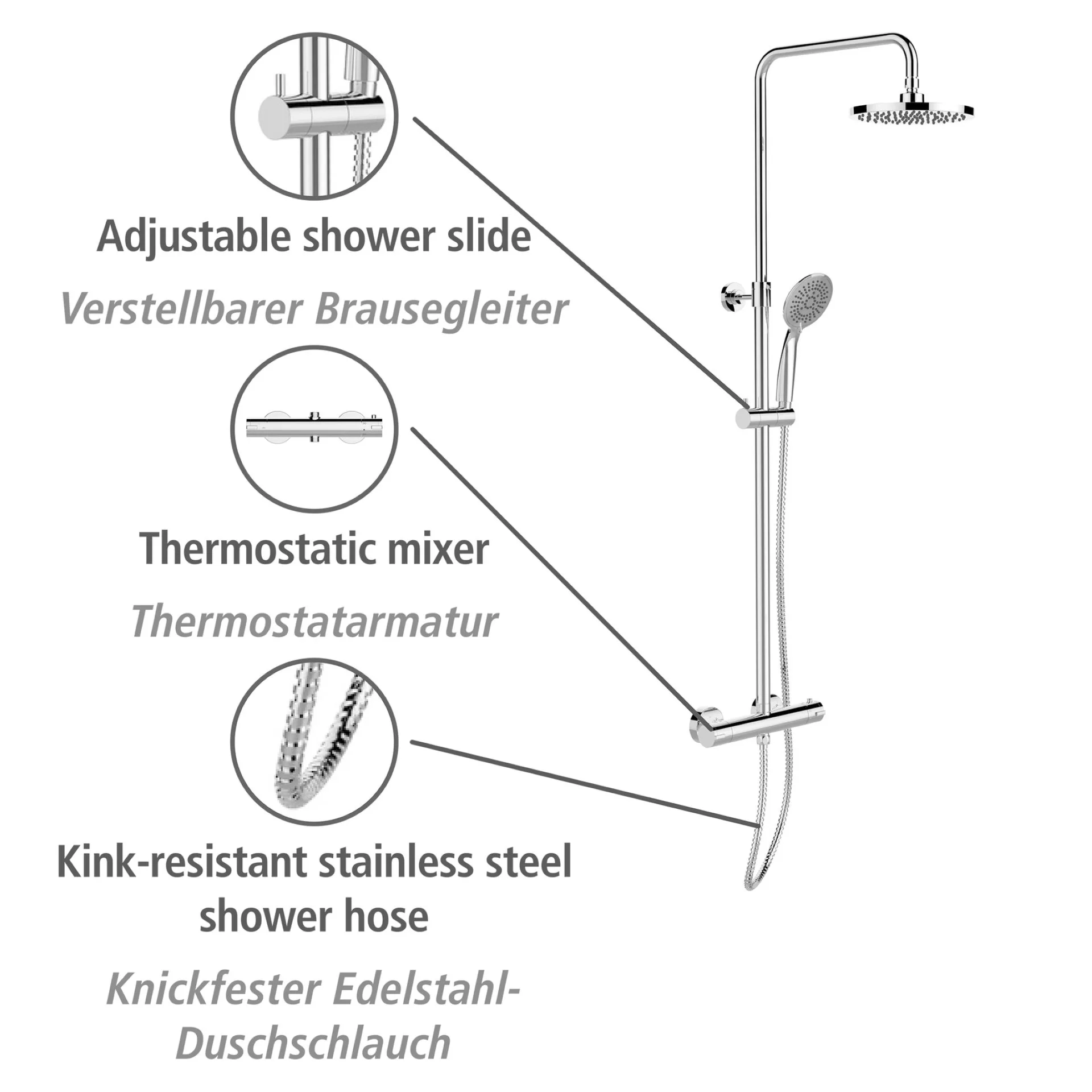 WENKO YOUNG ECO Duschsystem, Chrom, mit Wassersparsystem, 5 verschiedene Wasserstrahlarten, Duschthermostat