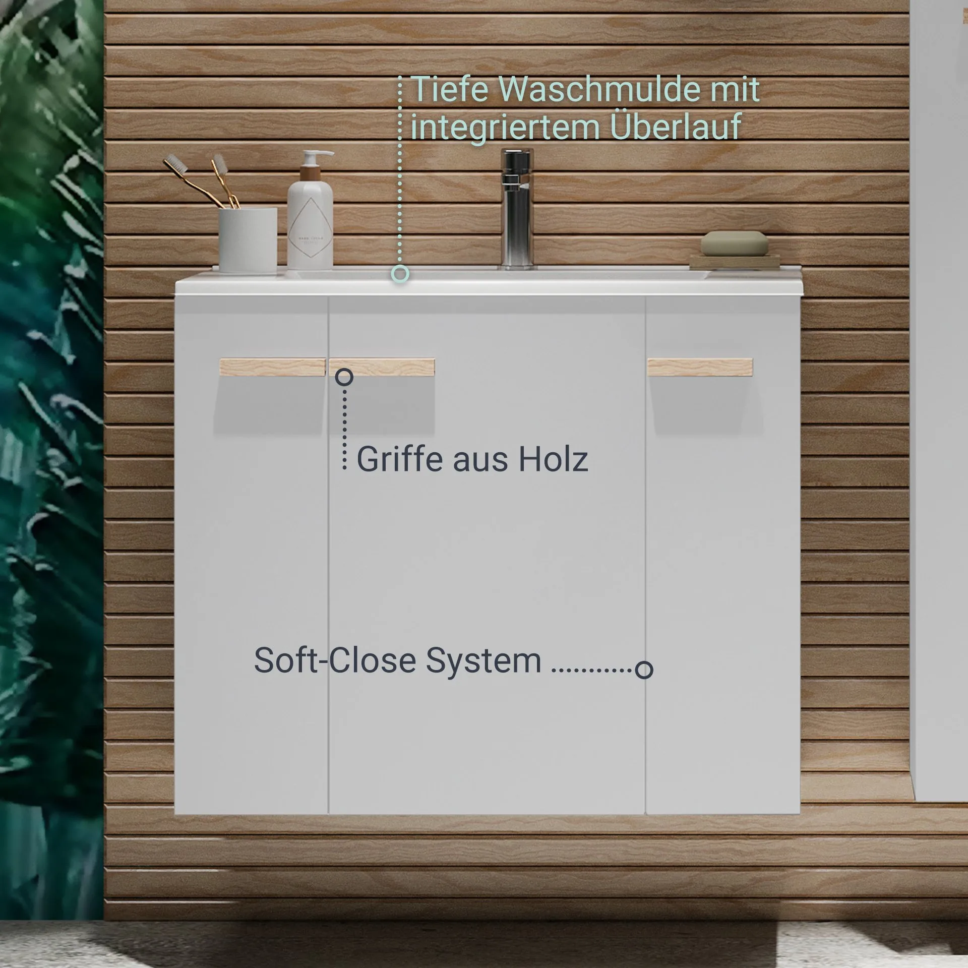 BADEDU HIERA Waschbecken mit Unterschrank 80 cm breit, Weiß, Waschbecken Keramik Weiß