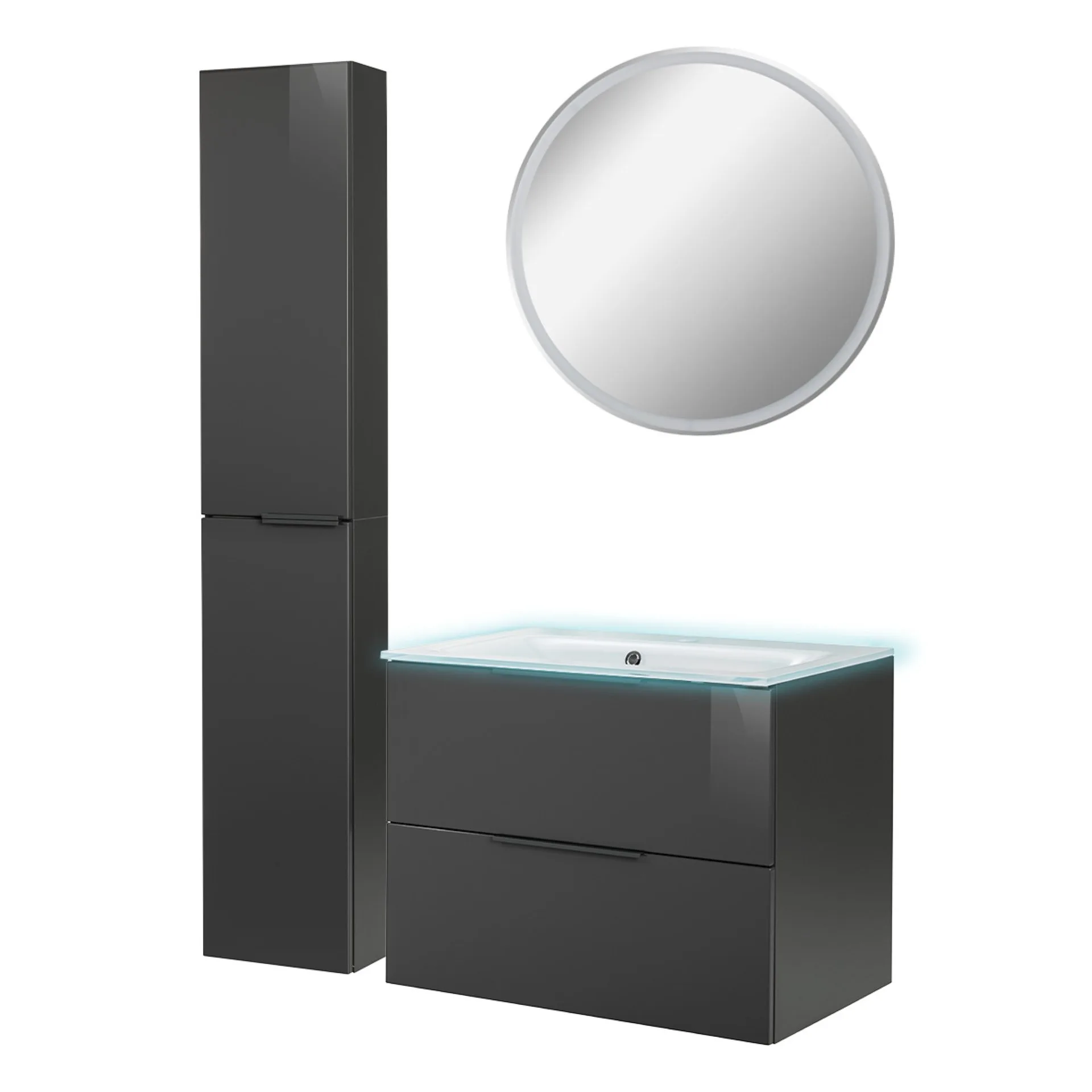 FACKELMANN LUNA Badmöbel Set 5-teilig 80 cm breit, Anthrazit, Waschbecken Glas Weiß + LED Spiegel + Hochschrank slim + Waschbeckenbeleuchtung