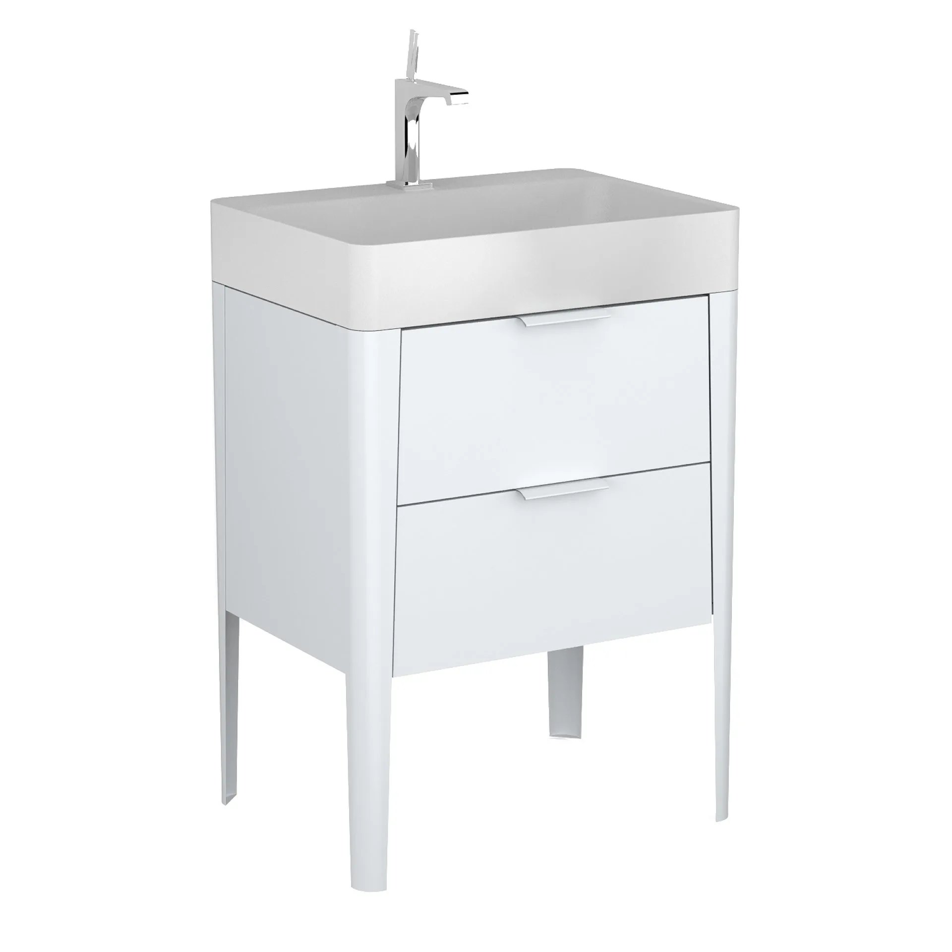 BADEDU SORA Waschbecken mit Unterschrank 60 cm breit, Weiß matt, Waschbecken Quarzkomposit Weiß, aus Aluminium, mit Füßen