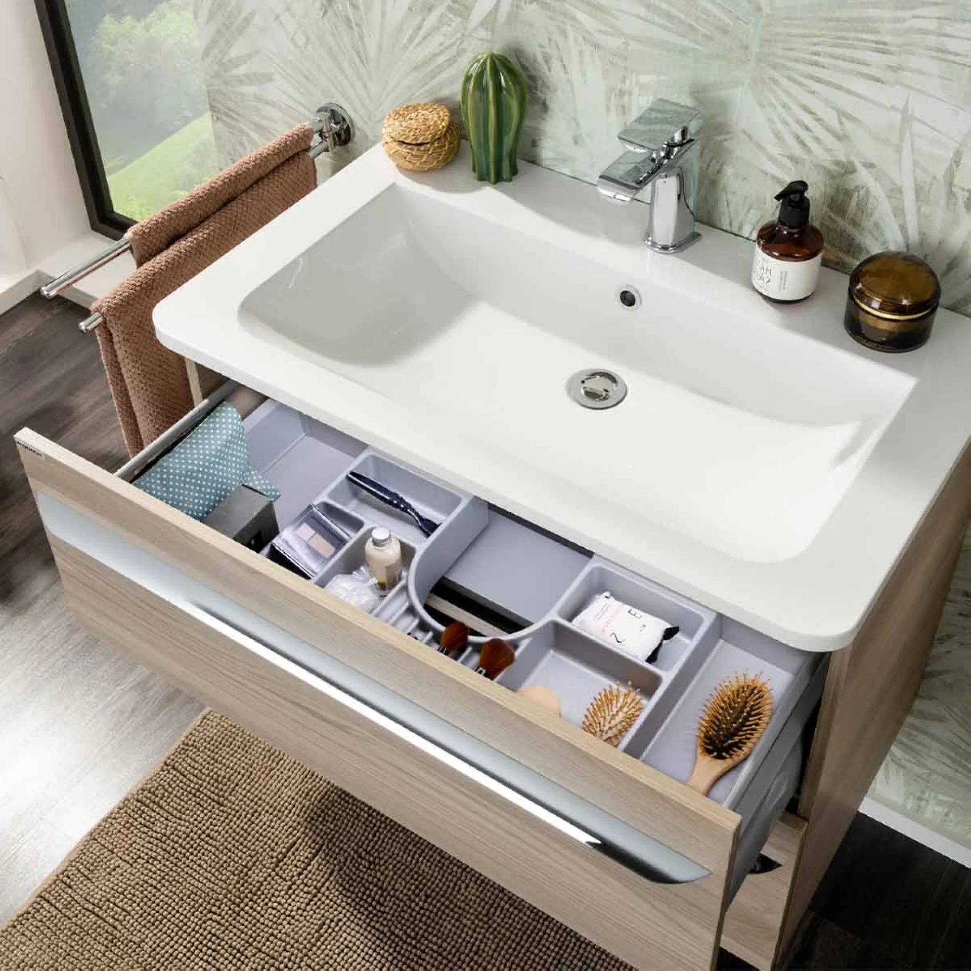FACKELMANN LUXOR Waschbecken mit Unterschrank 80 cm breit, Braun hell, Waschbecken Gussmarmor Weiß