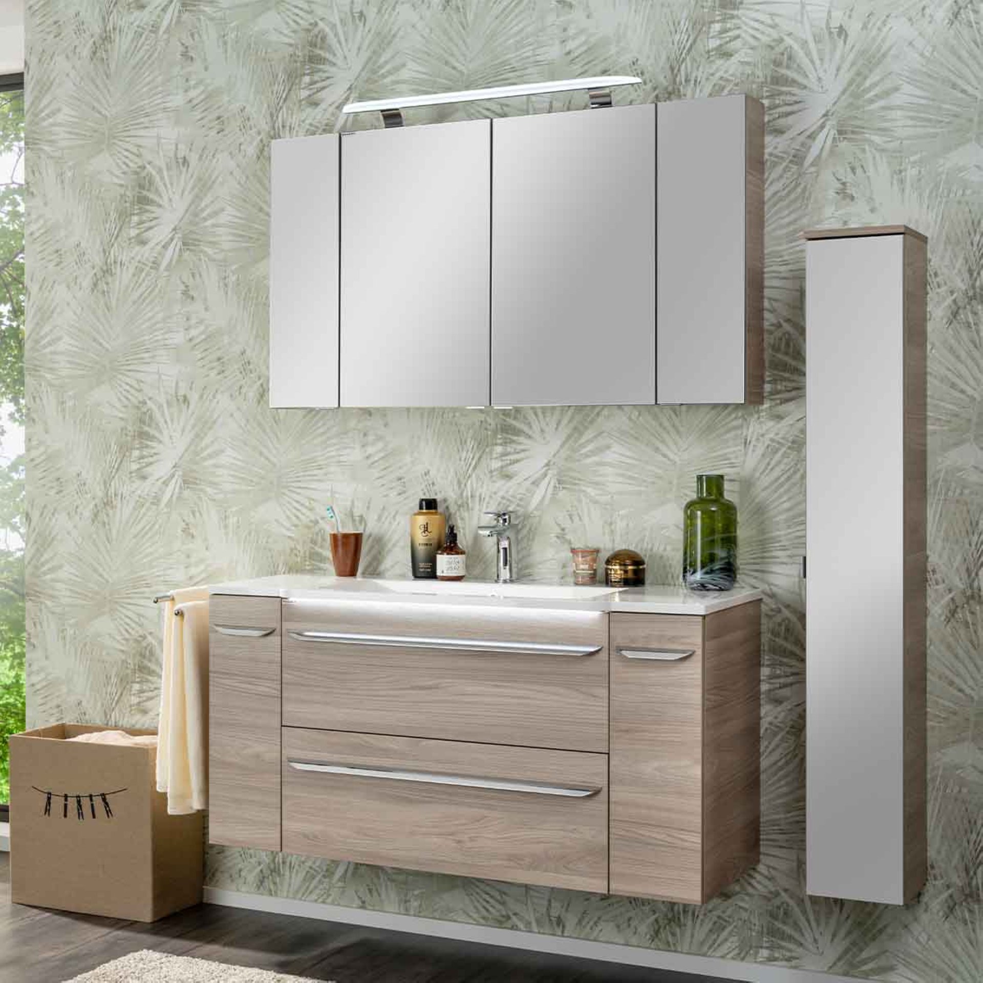 Fackelmann LUXOR Badmöbel Set 7-teilig 120 cm, Braun + LED-Spiegelschrank + Schränke verspiegelt + Unterschränke