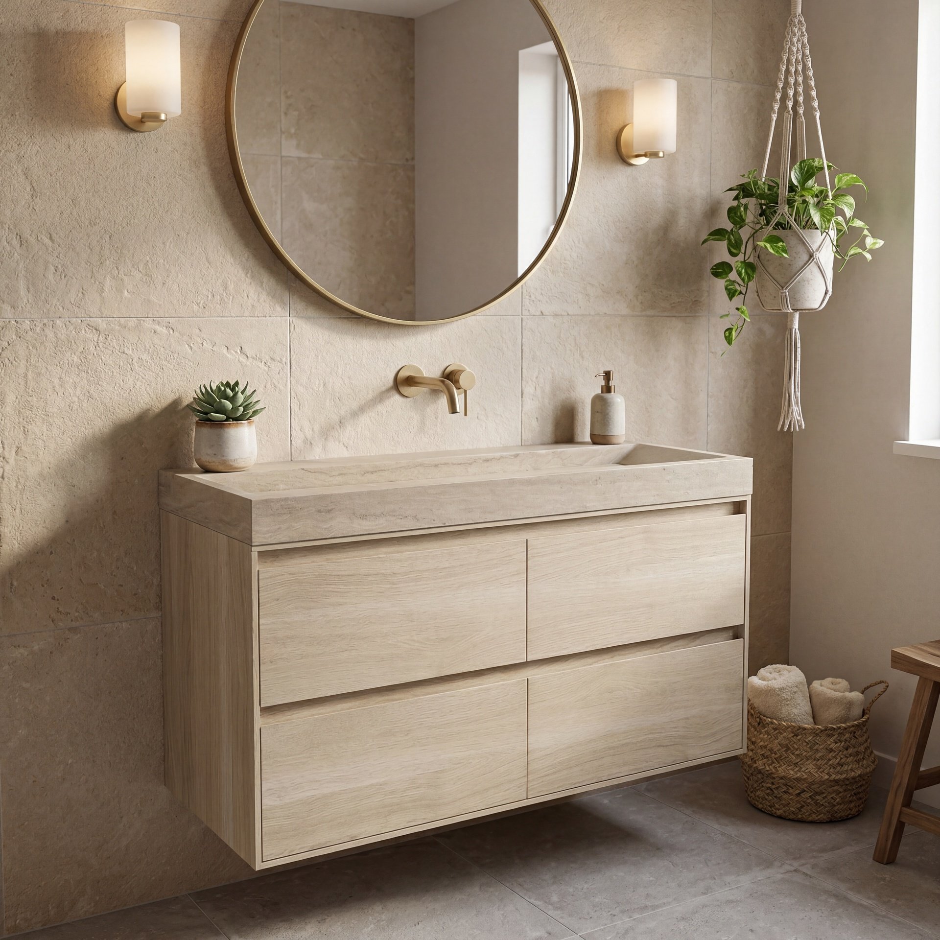 FORZALAQUA IBIZA BELLEZZA Waschbecken mit Unterschrank 120 cm breit, Braun hell, Natursteinwaschbecken Travertin matt ohne Hahnloch, 4 Schubladen