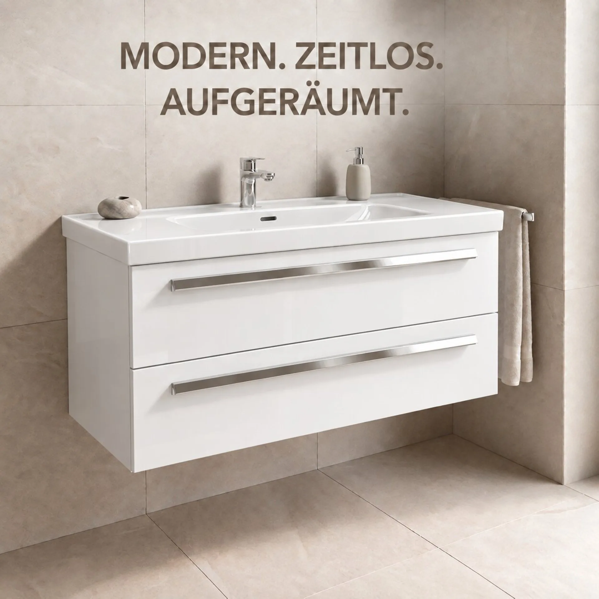 BADEDU TESSANO Waschbecken mit Unterschrank 90 cm breit, Weiß, Waschbecken Keramik Weiß
