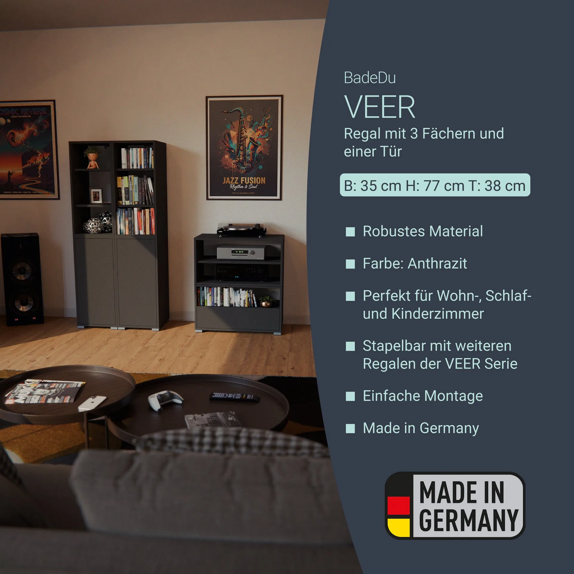 BADEDU VEER Badschrank 35 cm breit, Anthrazit, 3 Fächer mit Tür
