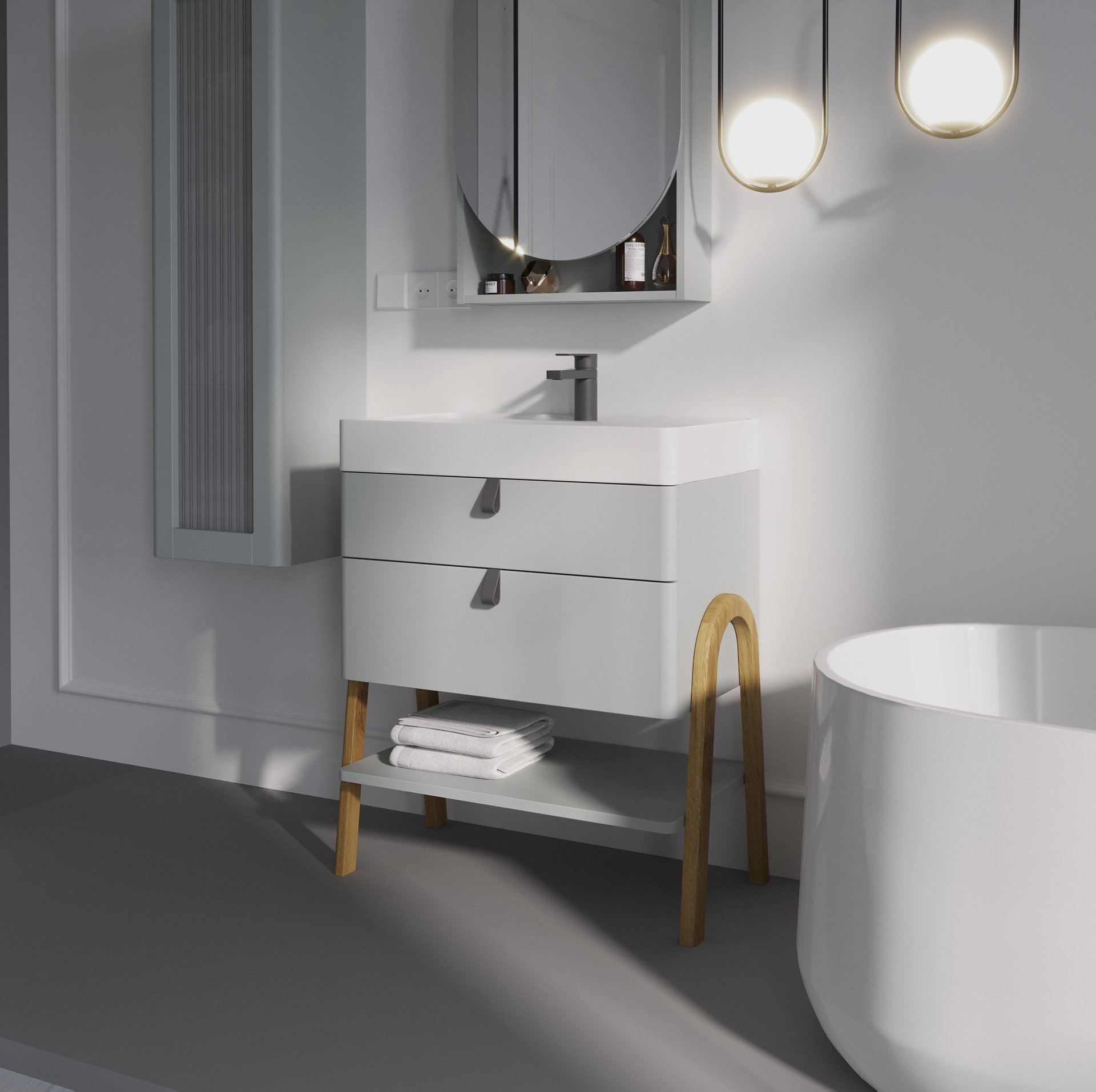 BADEDU PINA Waschbecken mit Unterschrank 70 cm breit, Grau, Waschbecken Gussmarmor Weiß, mit Füßen