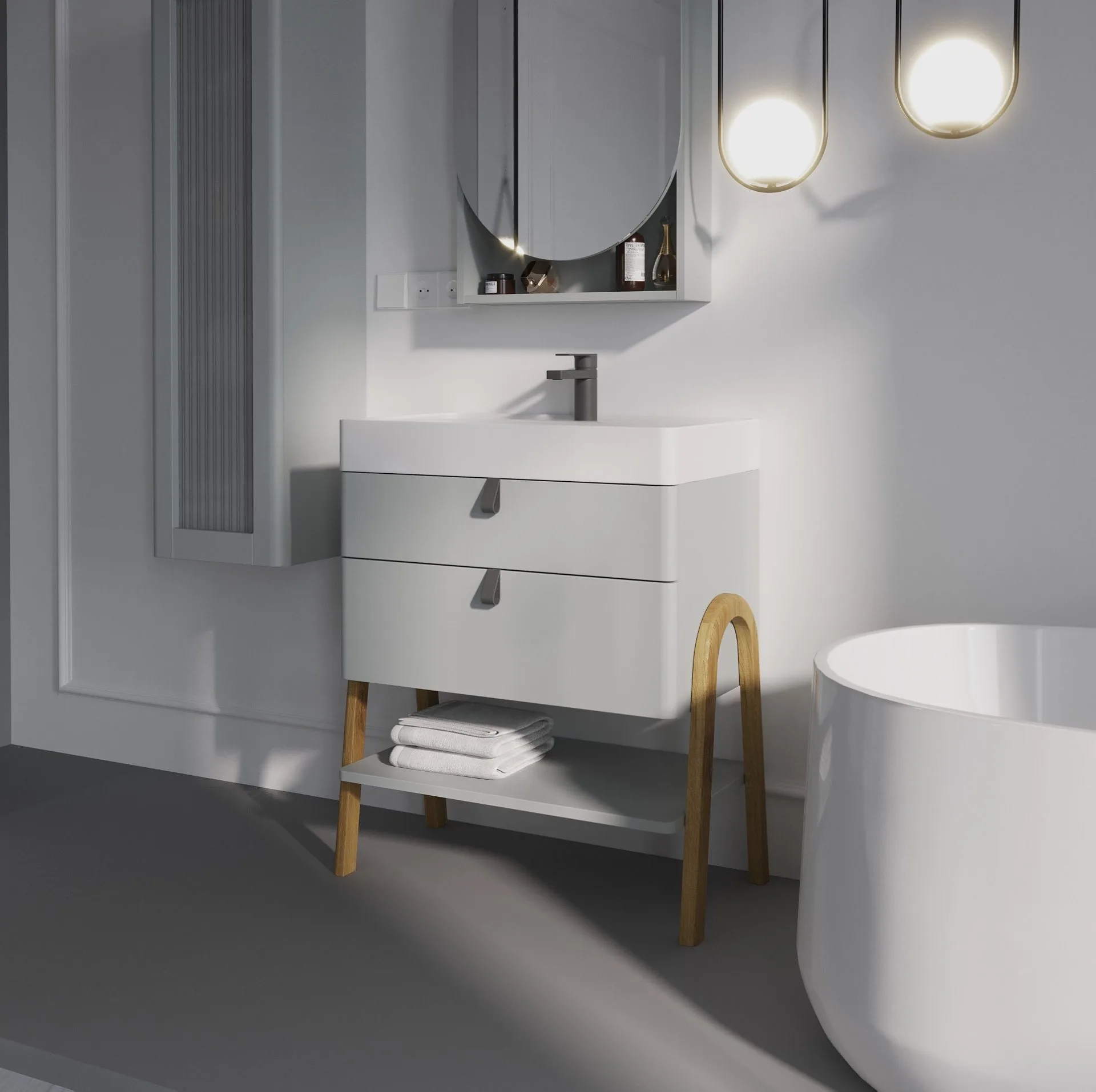 BADEDU PINA Waschbecken mit Unterschrank 70 cm breit, Grau, Waschbecken Gussmarmor Weiß, mit Füßen