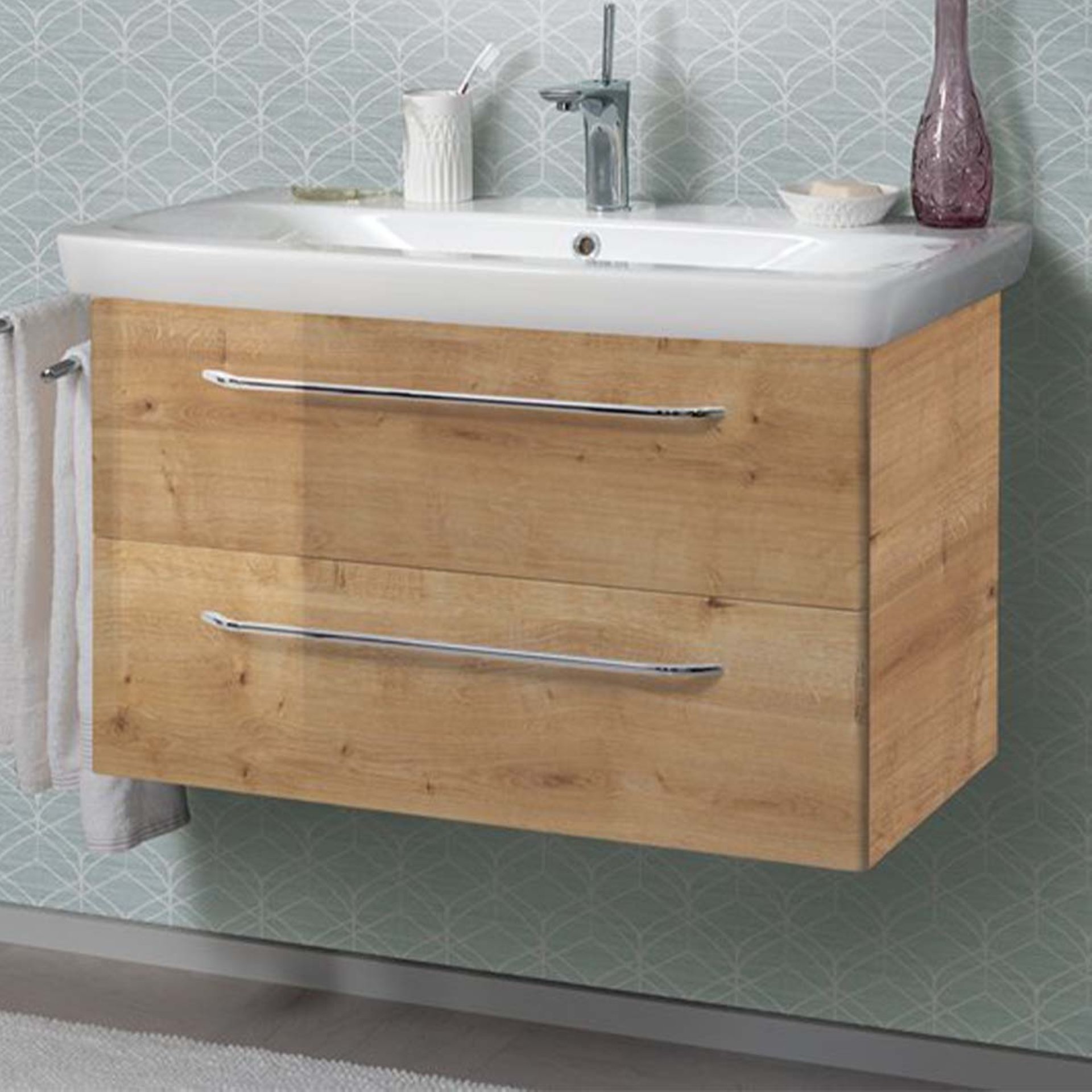 FACKELMANN MILANO Waschtisch mit Unterschrank, 88 cm breit, Braun hell, Waschbecken Keramik