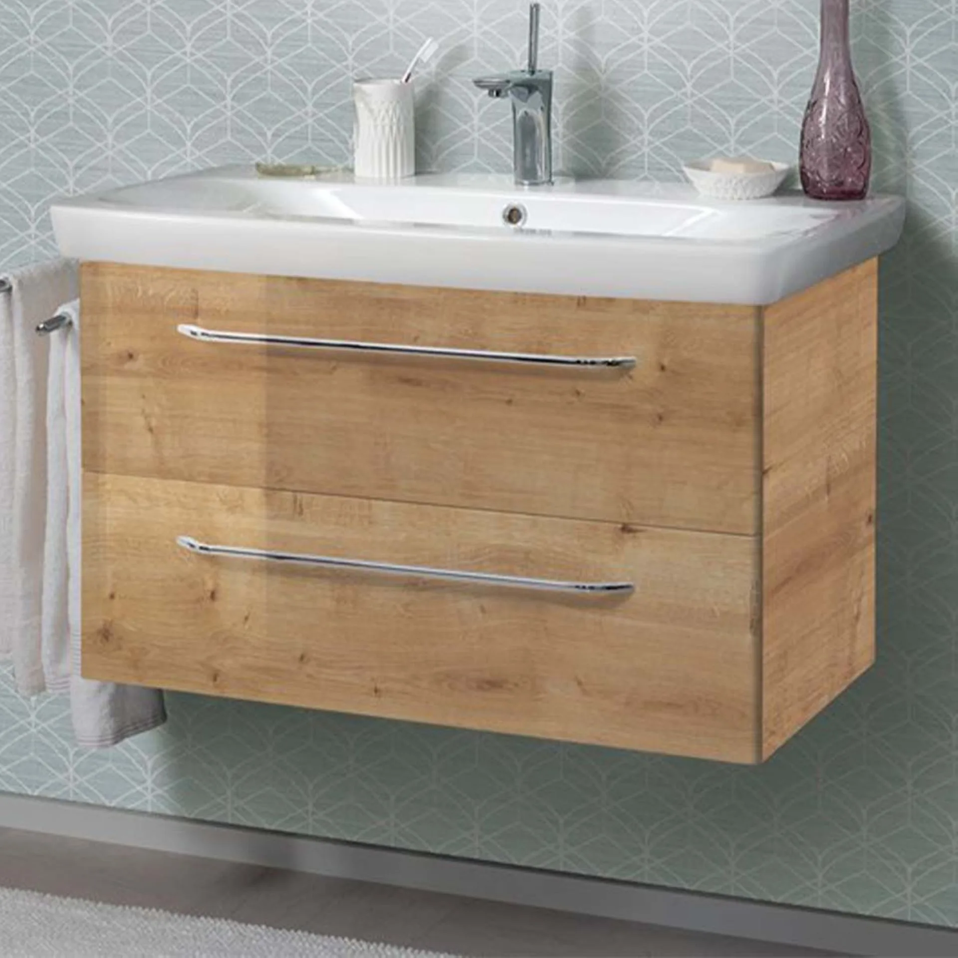 FACKELMANN MILANO Waschbecken mit Unterschrank 88 cm breit, Braun hell, Waschbecken Keramik Weiß