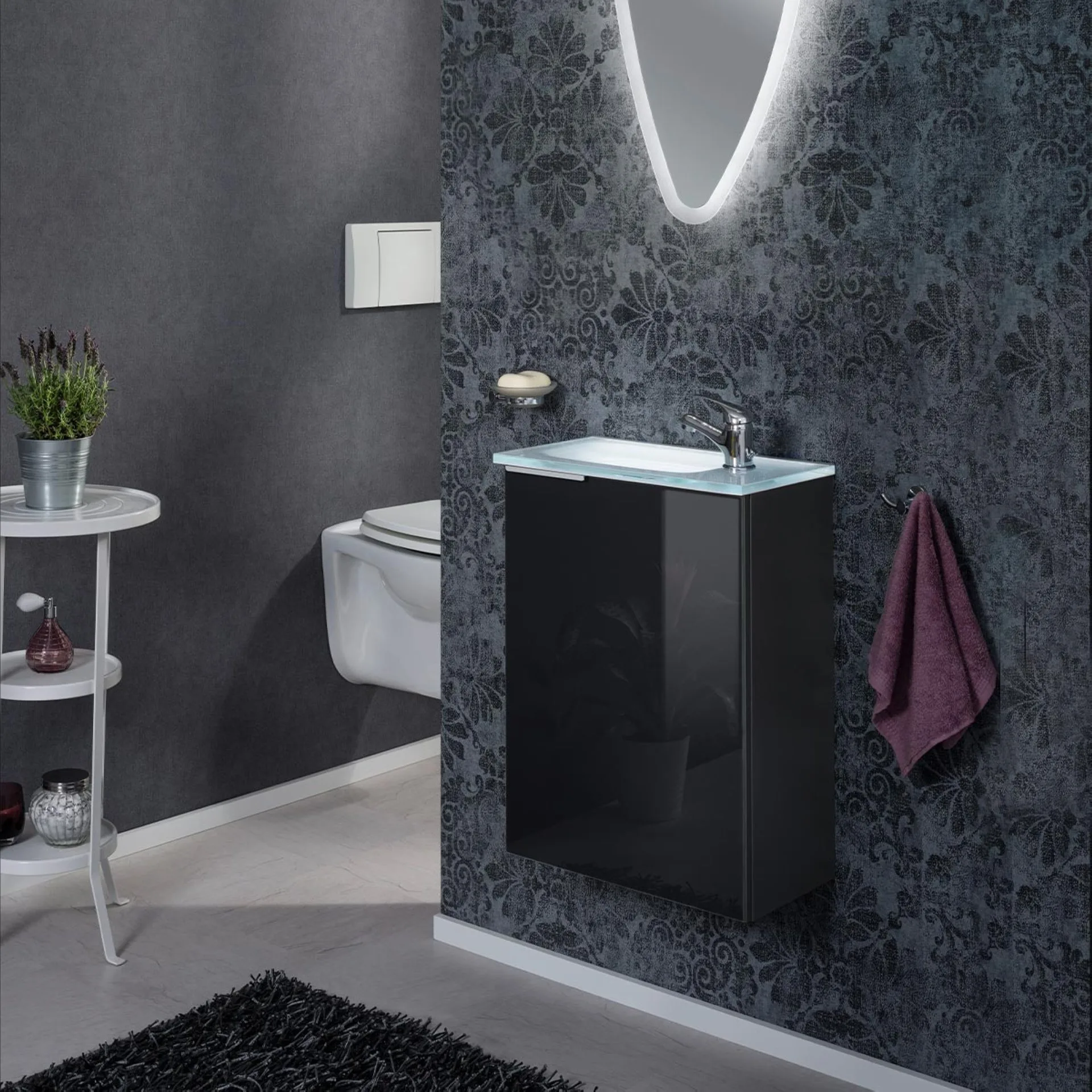 FACKELMANN SBC KARA Gäste WC Waschtisch Set 45 cm breit, Anthrazit, Waschbecken Glas Weiß, Türanschlag rechts + Waschbeckenbeleuchtung
