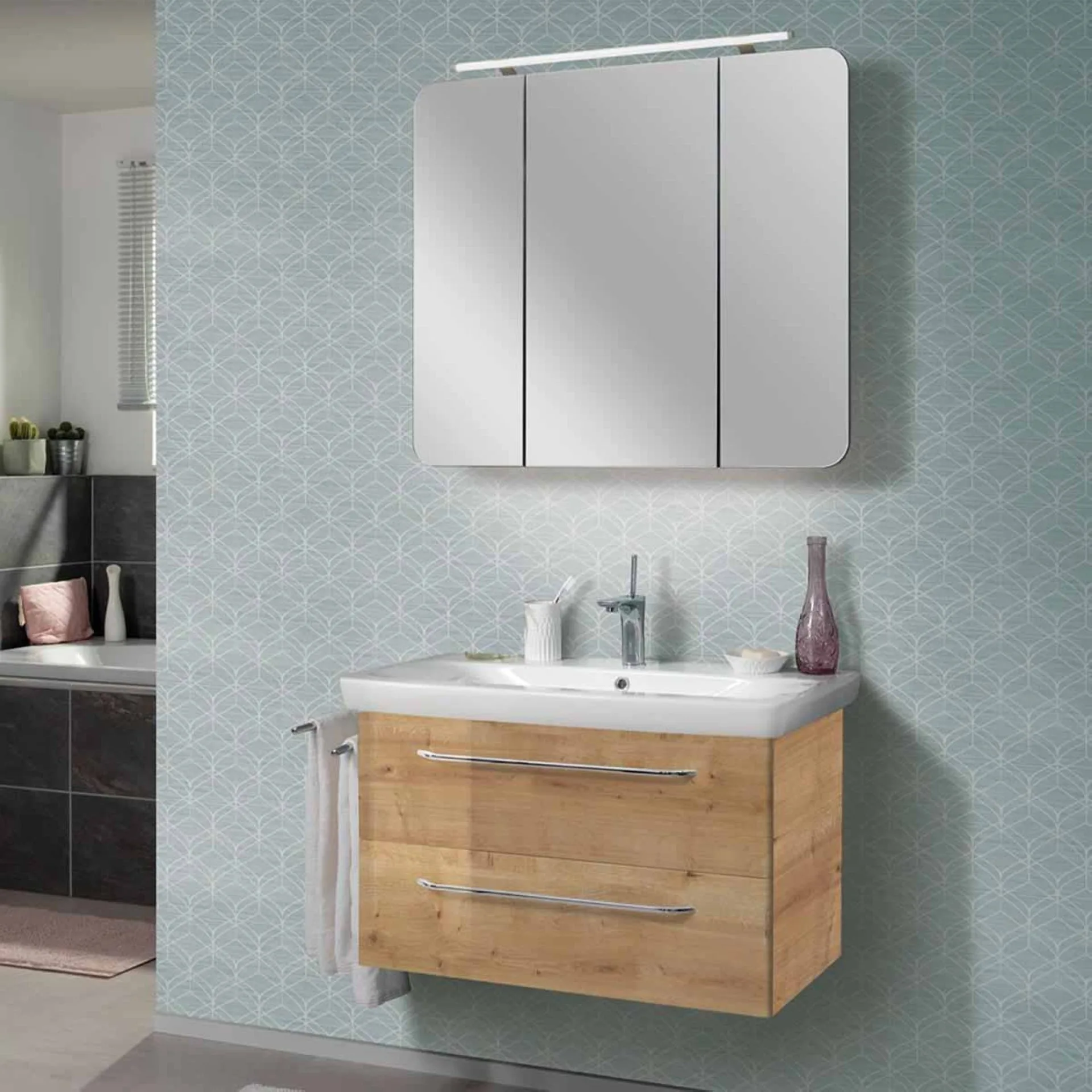 FACKELMANN MILANO Waschtisch Set mit Spiegelschrank 88 cm breit, Braun hell, Waschbecken Keramik Weiß