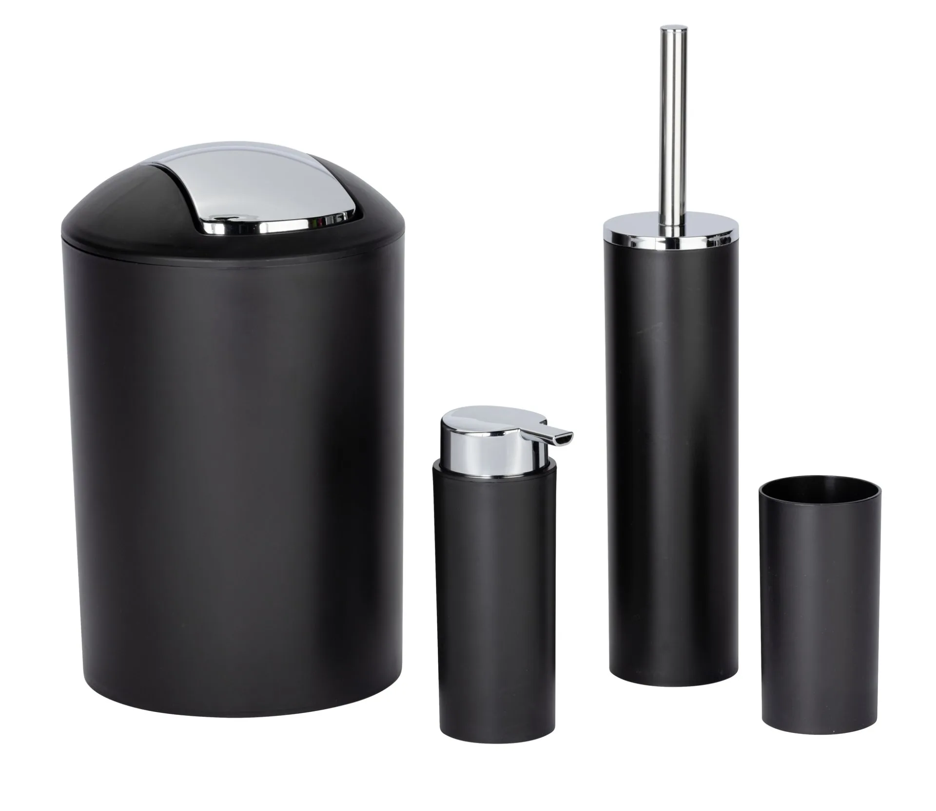 WENKO CALVO Accessoire Set, Schwarz, Zahnputzbecher, Seifenspender, WC-Garnitur, Kosmetikeimer