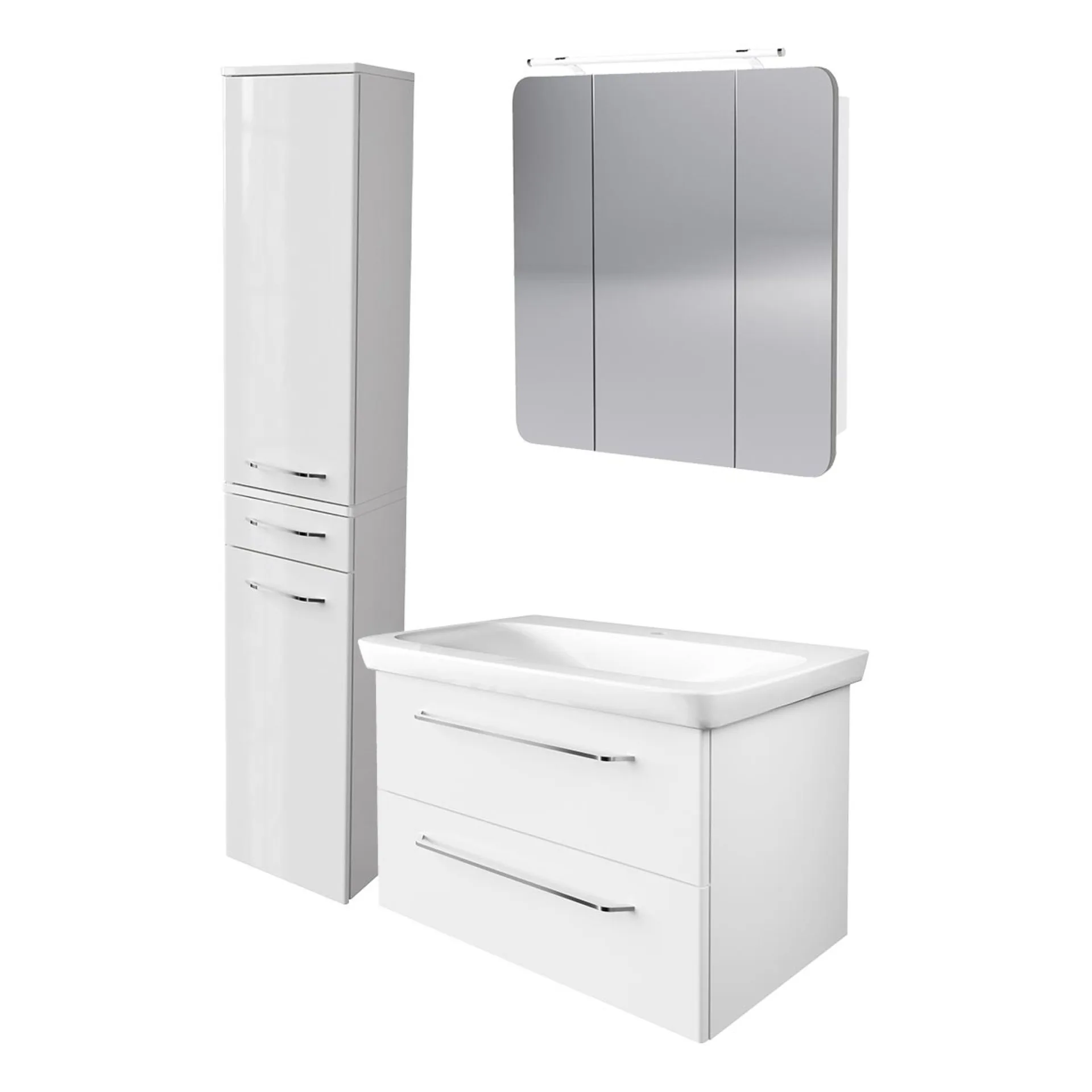 FACKELMANN MILANO Badmöbel Set 4-teilig 88 cm breit, Weiß, Waschbecken Keramik Weiß + LED Spiegelschrank + Hochschrank