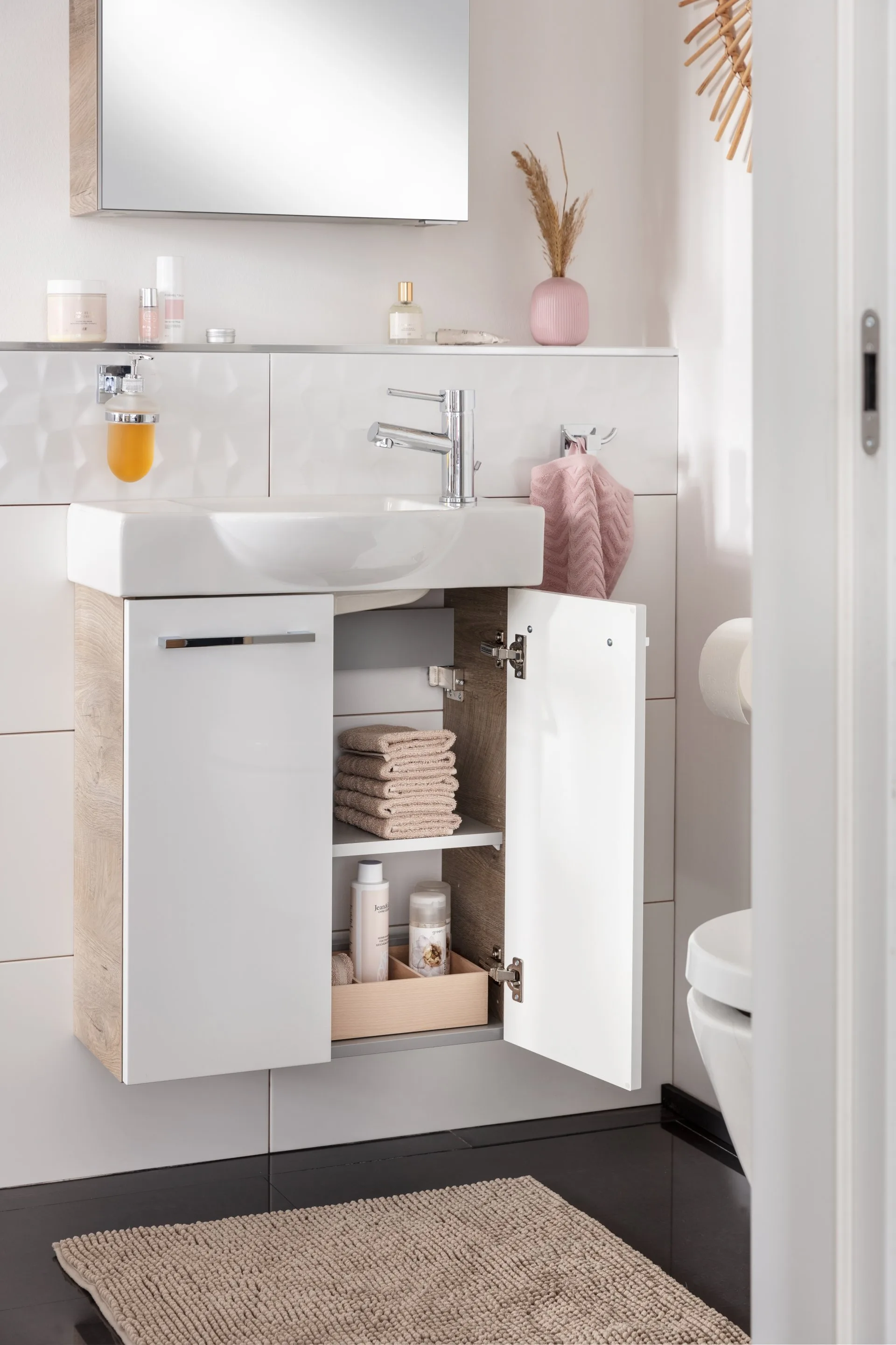 FACKELMANN SBC STANFORD Gäste WC Waschtisch Set 55 cm breit, Weiß/Braun hell, Waschbecken Keramik Weiß, Hahnloch rechts