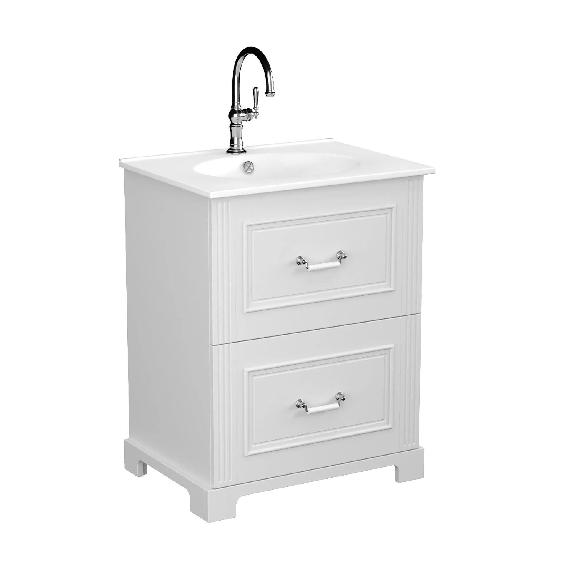 BADEDU RILA Waschbecken mit Unterschrank 60 cm breit, Weiß matt, Waschbecken Keramik Weiß, mit Füßen