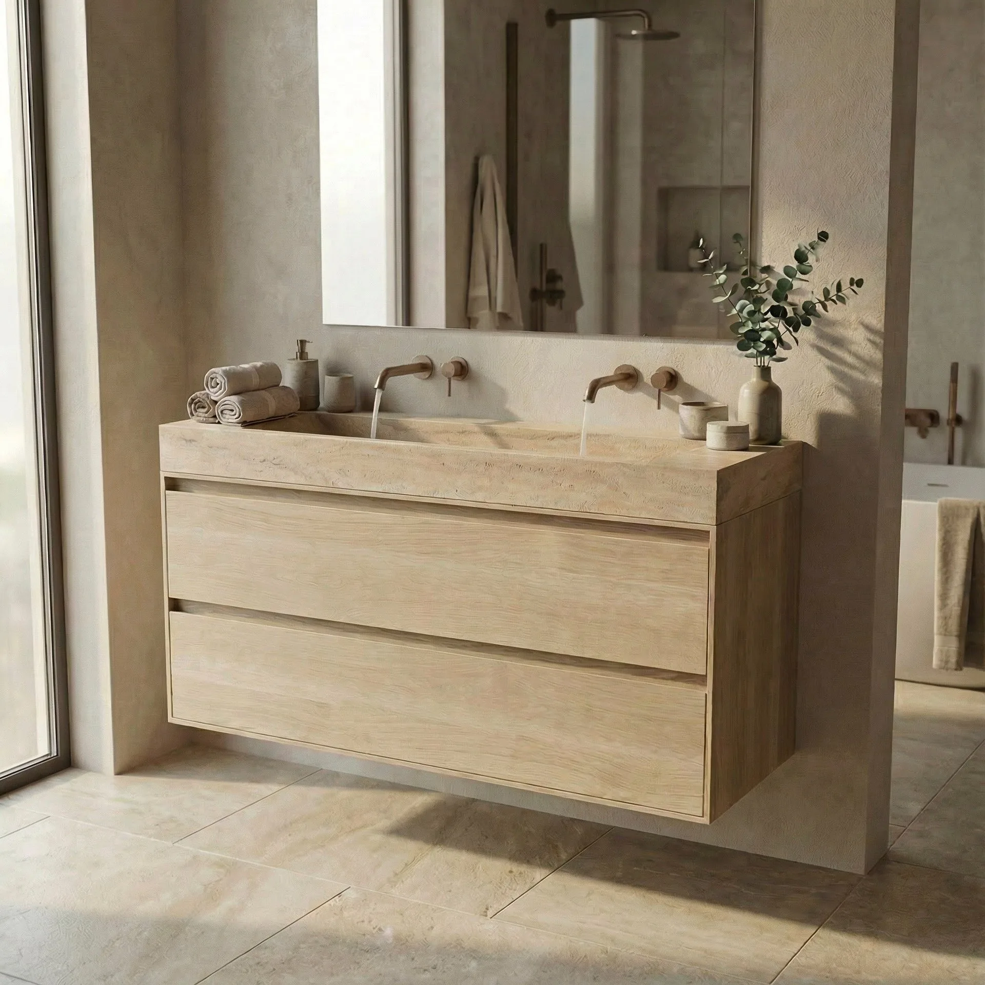FORZALAQUA IBIZA BELLEZZA Waschbecken mit Unterschrank 100 cm breit, Braun hell, Natursteinwaschbecken Travertin matt ohne Hahnloch, 2 Schubladen