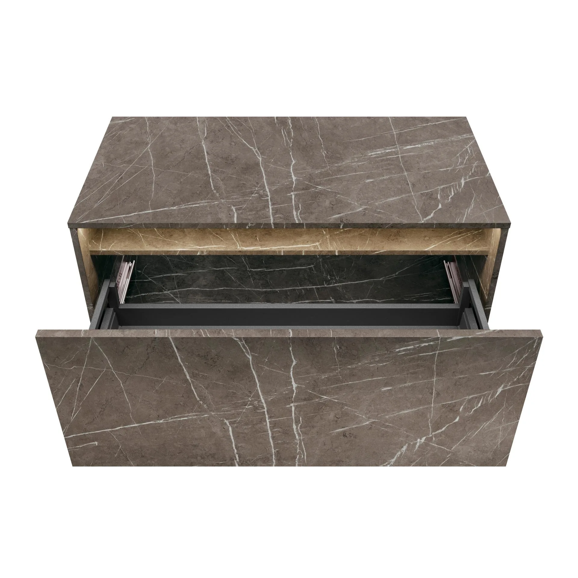 LANZET DUNE Waschbecken mit Unterschrank 101 cm breit, Marmor Grau, Waschbecken Gussmarmor Weiß, inkl. LED-Beleuchtung